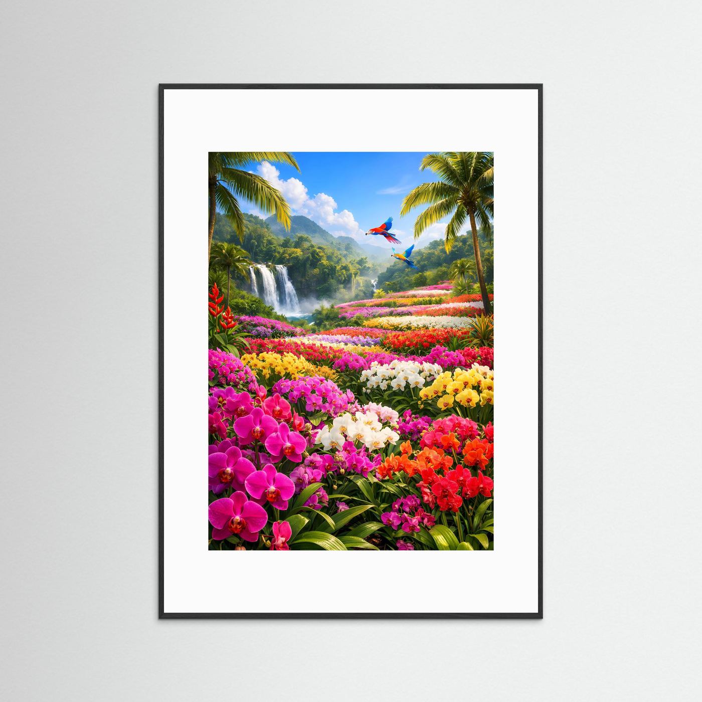 Wandbild mit weißem Passepartout und Hochformatmotiv: Orchideen, Palmen, Wasserfall, Vögel