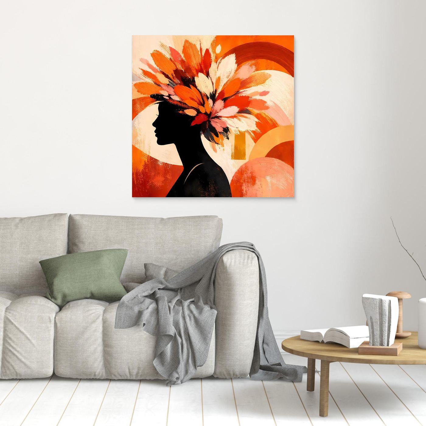 Wandbild mit Frauen-Silhouette und Blumenkranz, abstrakt, klein an der Wand