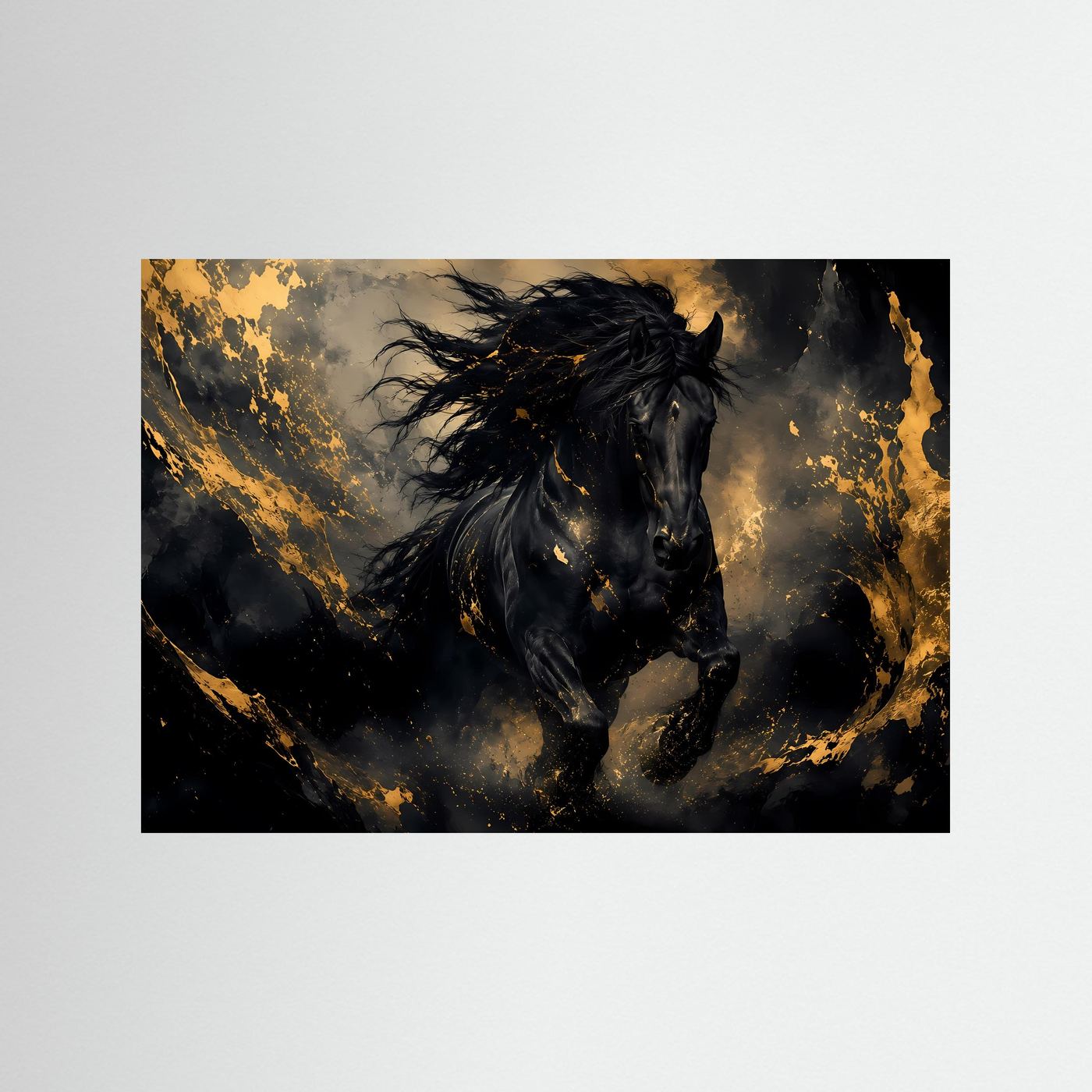 Tierposter: schwarzes Pferd mit Goldakzenten in dynamischer Galopp-Pose
