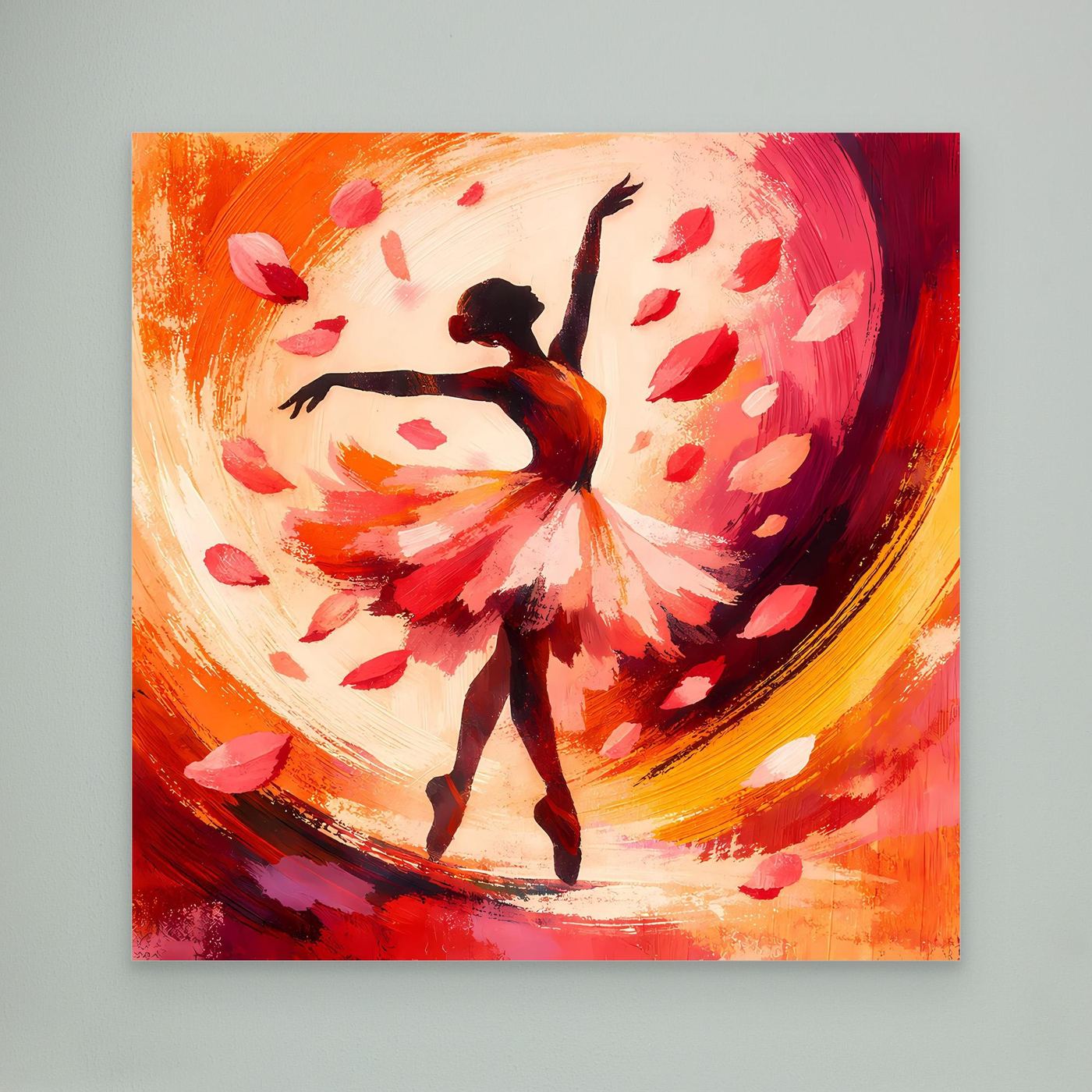 Leinwandbild mit Ballerina im Blütenregen, orange-roter Farbverlauf, ohne Rahmen