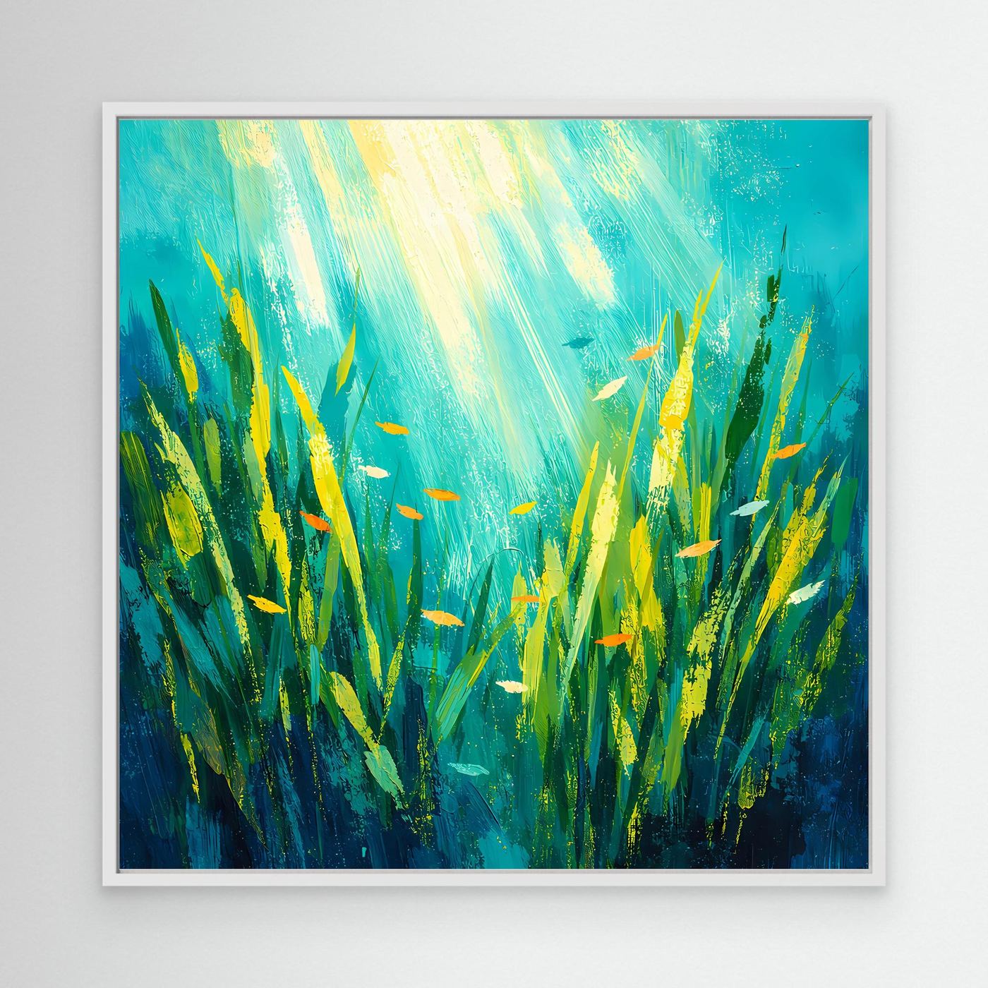 Leinwand Lichtdurchfluteter Algenwald unter Wasser | Abstraktes Ozean Wandbild