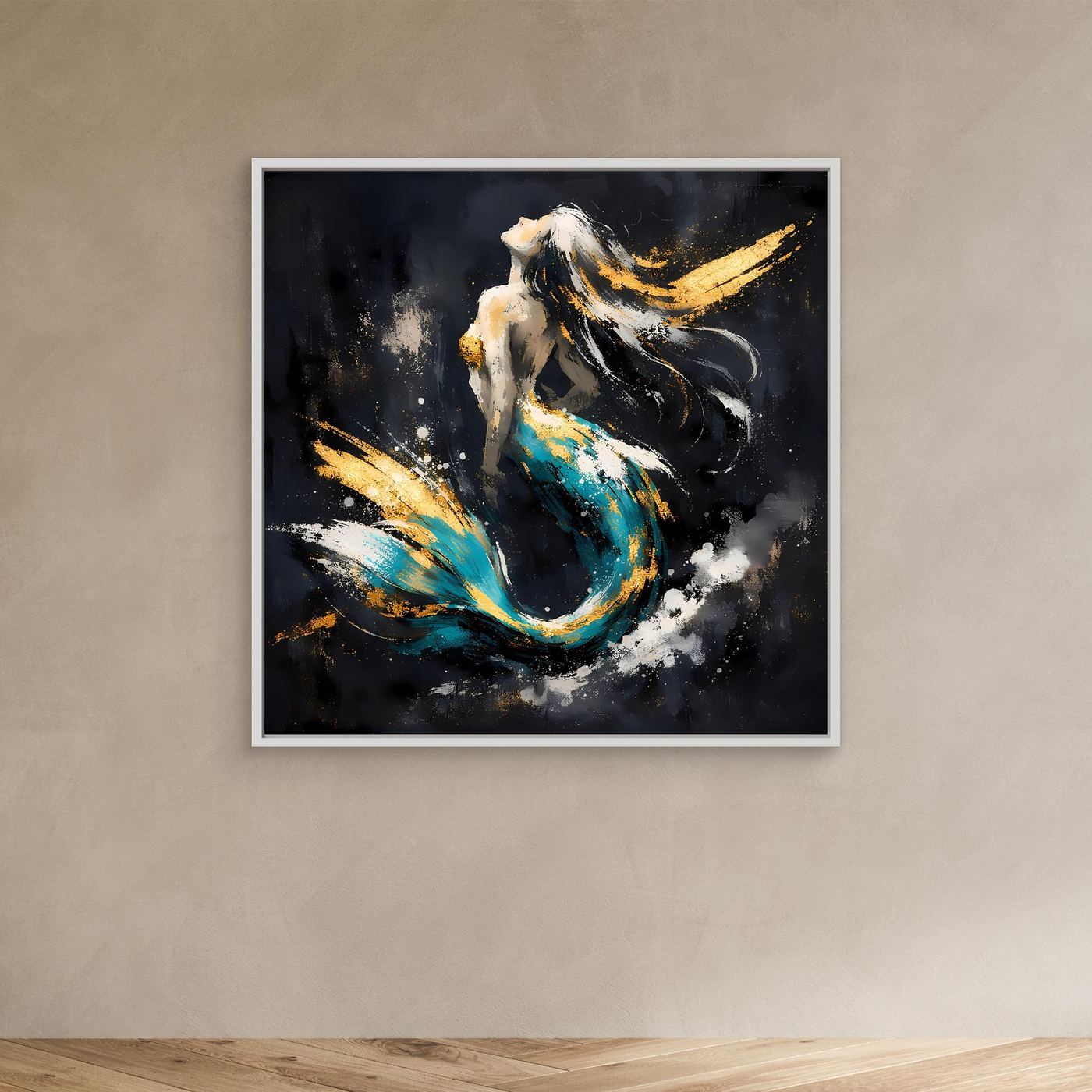 Leinwand Elegante Meerjungfrau in Türkis und Gold | Modernes Fantasy Wandbild