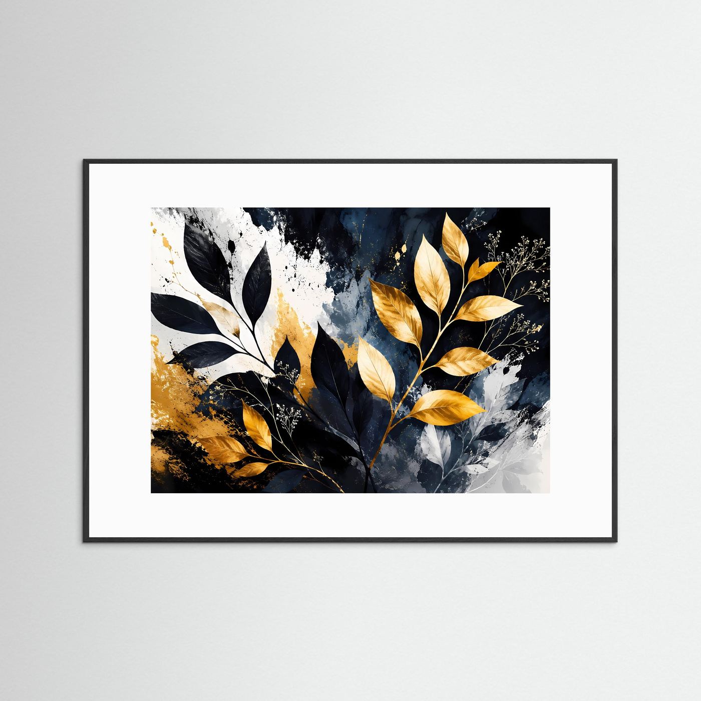 Goldene Botanische Blätter Wandbild | Schwarz Weiß Gold Pflanzen Kunst | Moderne Botanical Wall Art | Luxus Leinwand Poster | Elegante Natur Deko