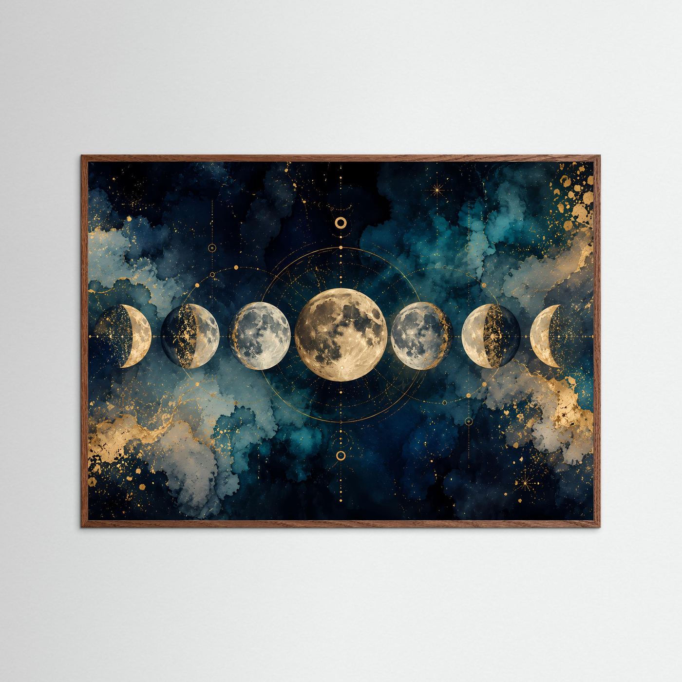 Wandbild mit Mondphasen, blau und gold, naturbraune Holzrahmung