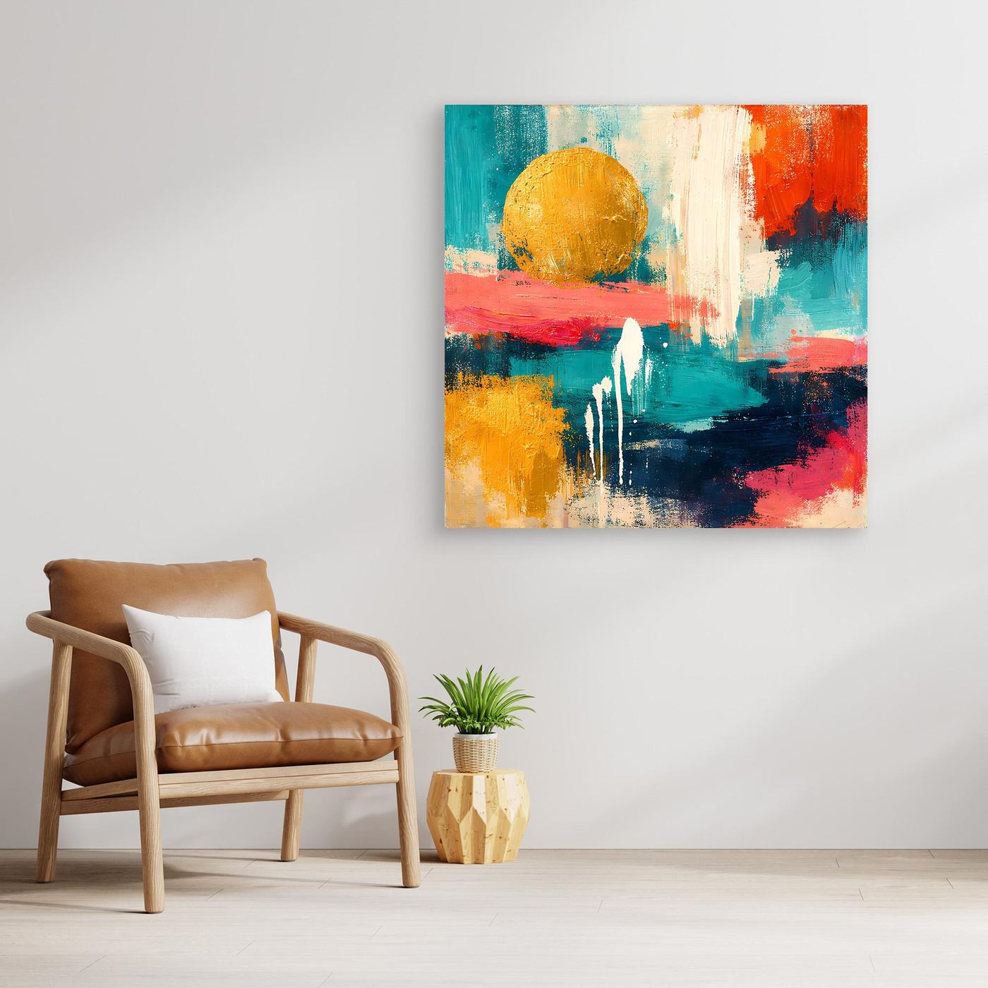Abstraktes Leinwand-Wandbild mit goldener Sonne und bunten Pinselstrichen, Holzrahmen