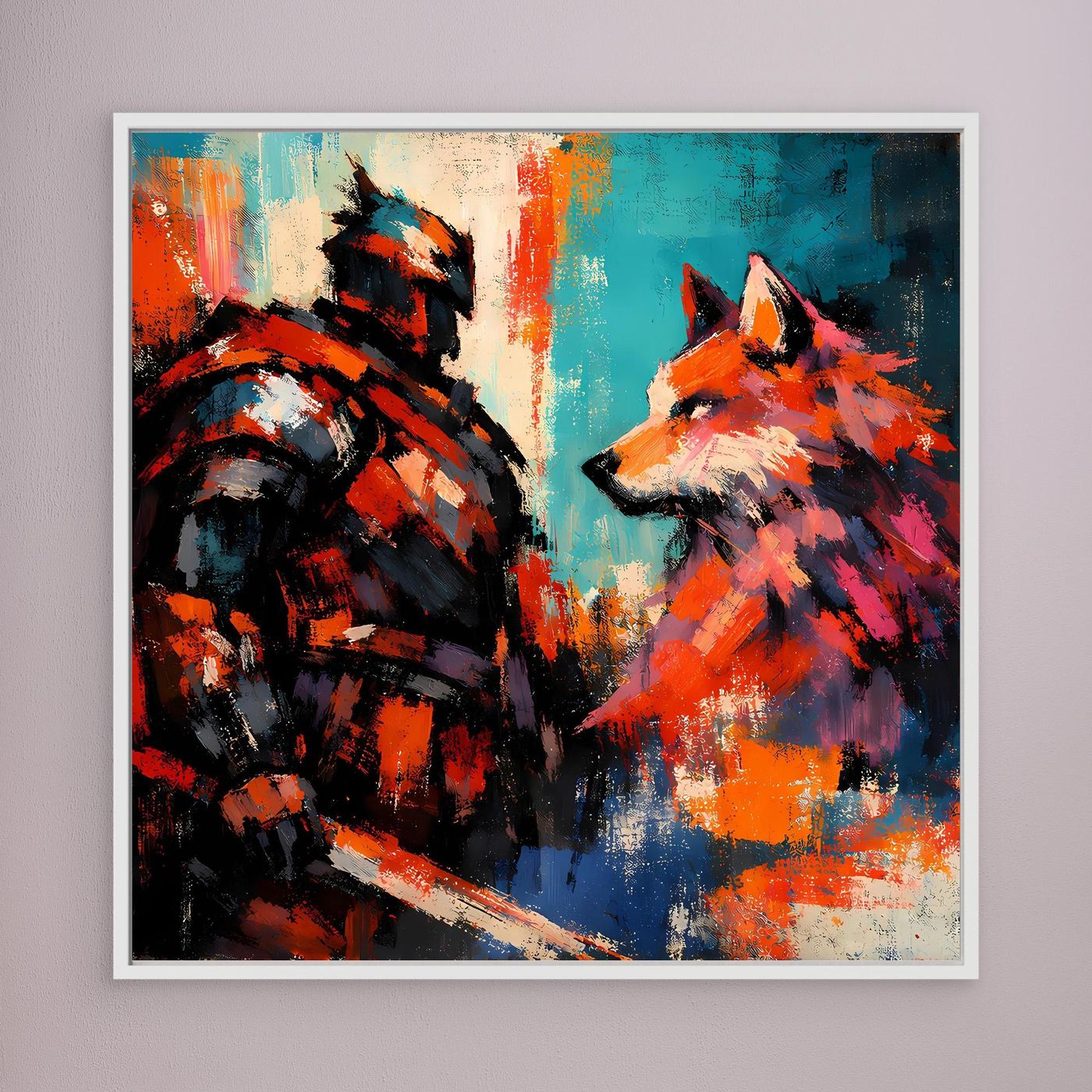 Abstraktes Leinwandbild mit Krieger und Wolf, weißer Rahmen