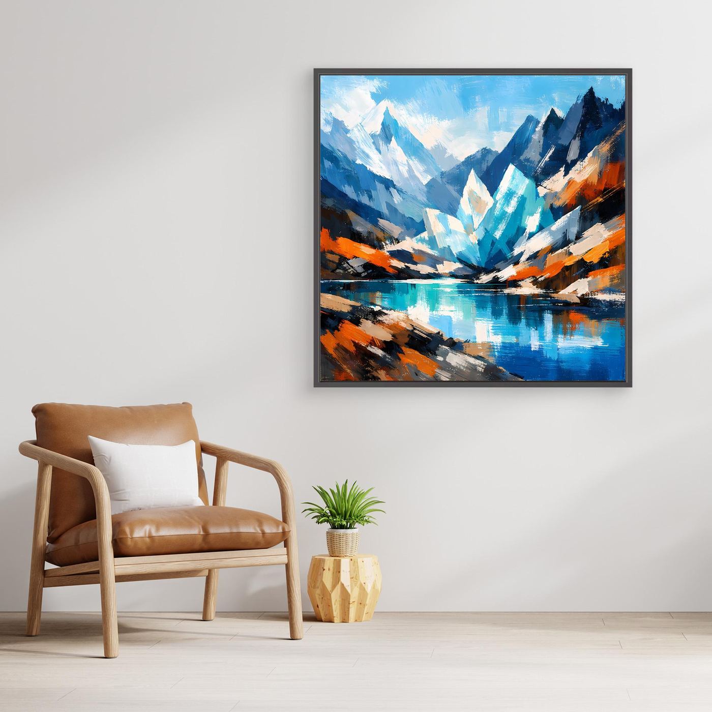 Gerahmtes Leinwand-Wandbild mit abstraktem Gletschersee, scharfen Bergformen und Farbverlauf