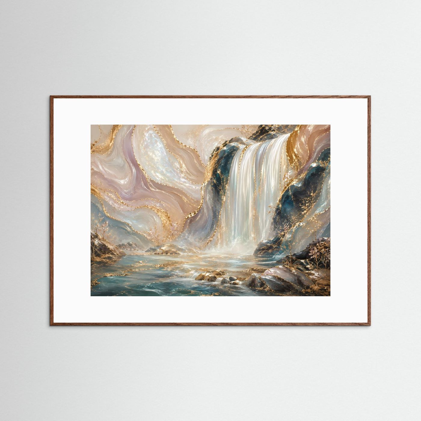 Poster Querformat: abstrakter Wasserfall mit Gold-Details, Pastell und türkisfarbenem Wasser, braun gerahmt