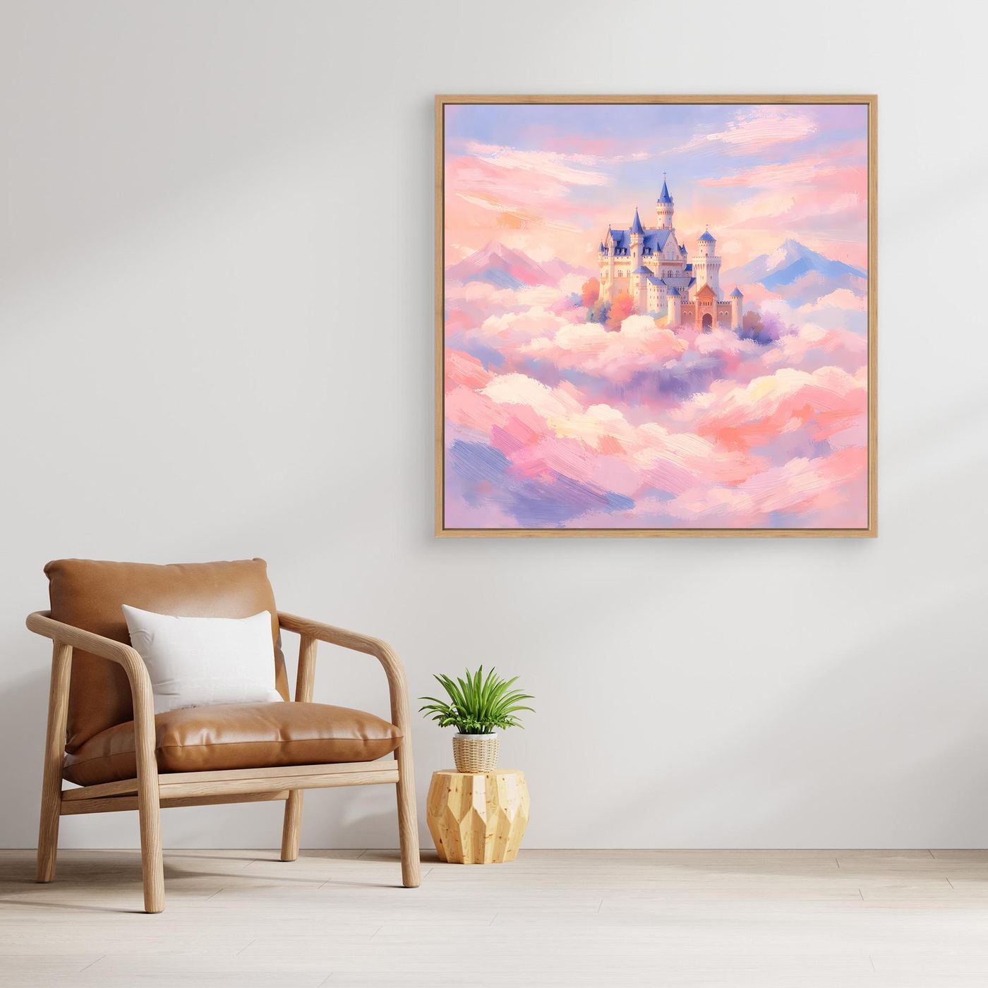 Leinwand Schloss Neuschwanstein über Wolken | Märchenhafte Pastelltöne Wandbild