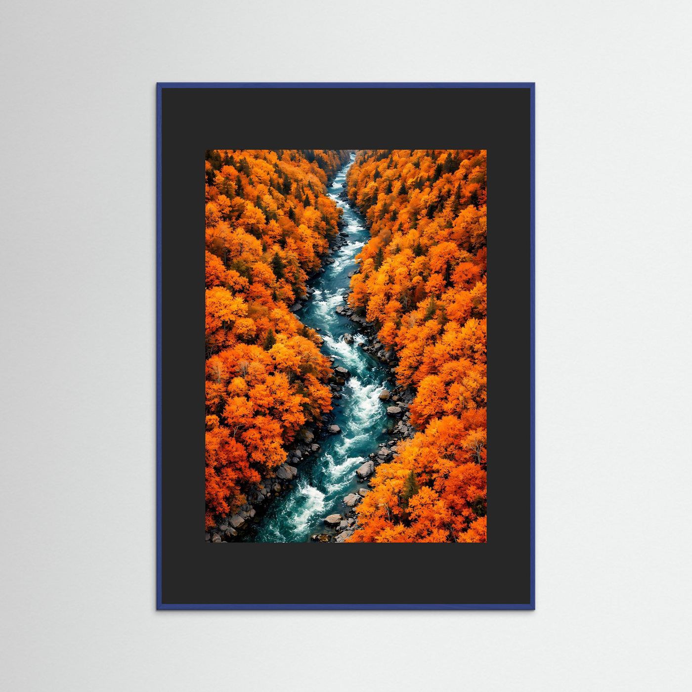 Wandbild Herbstfluss im Herbstwald, orange Laubbäume, blauer Rahmen, dunkles Passepartout