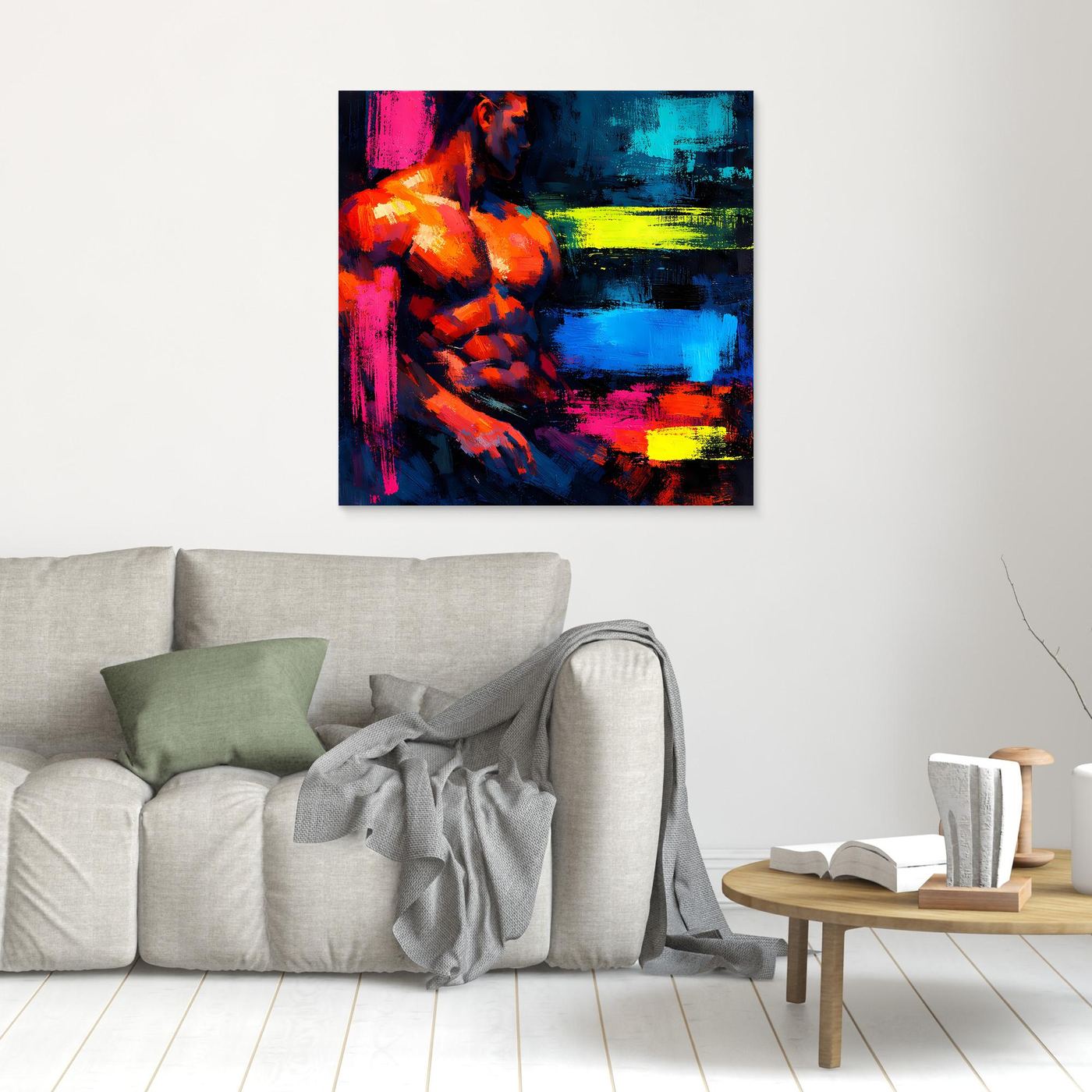 Leinwandbild Abstrakter Männlicher Torso | Moderner Neon-Kunst Wandbild auf echtem Holzkeilrahmen