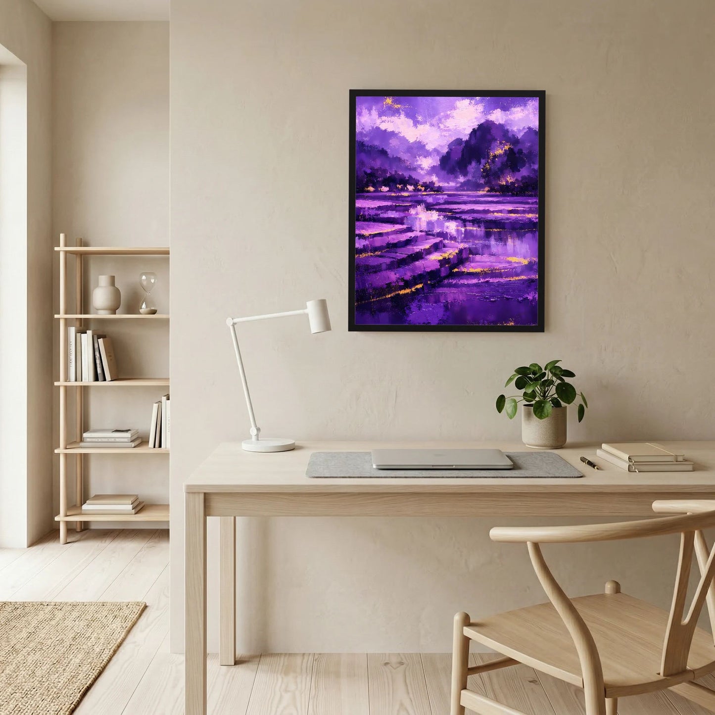 Schwarz gerahmtes Hochformat-Poster: violette Gewässerlandschaft mit goldenen Lichtpunkten