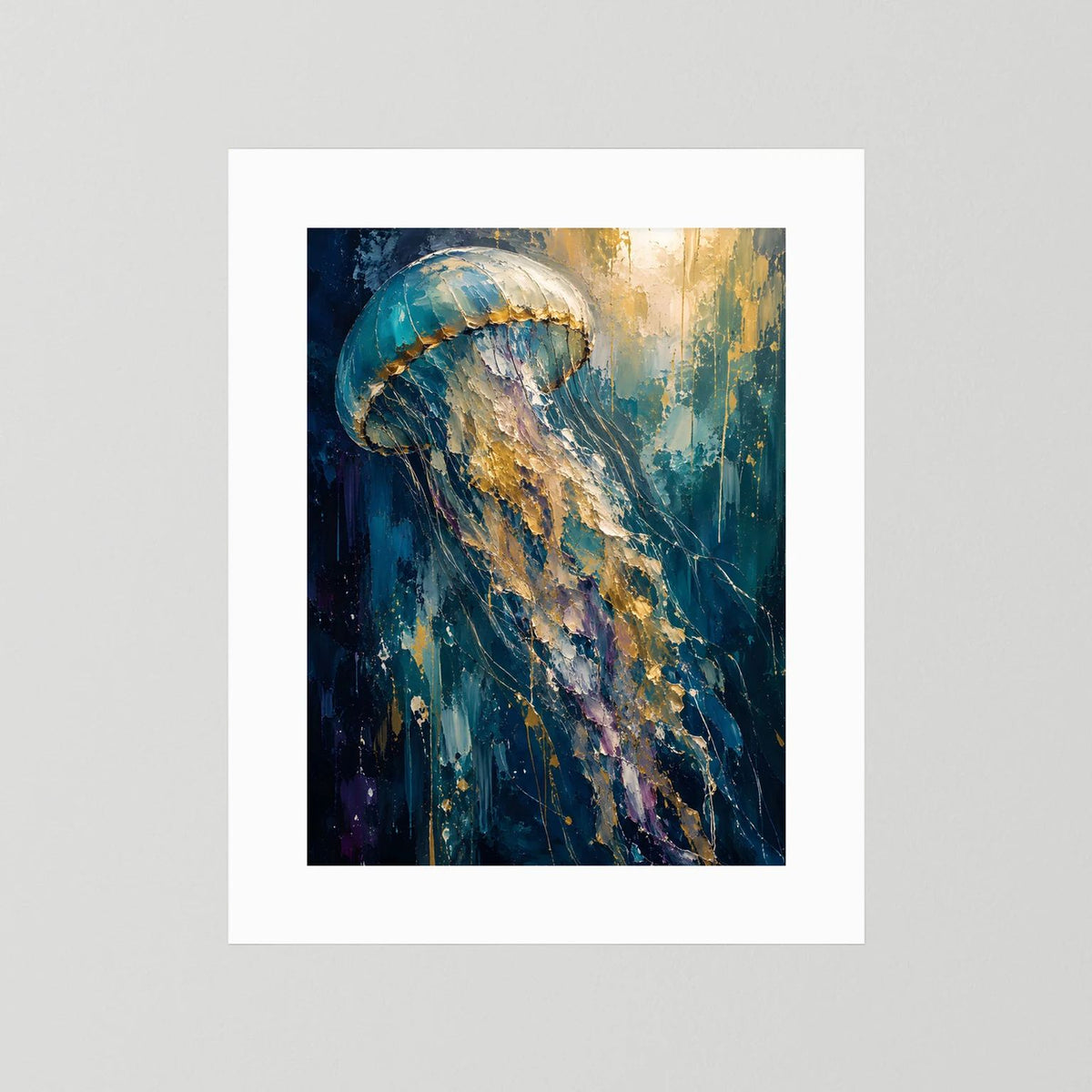 Poster mit abstrakter Qualle in Blau und Gold, weiß umrandet, Hochformat.