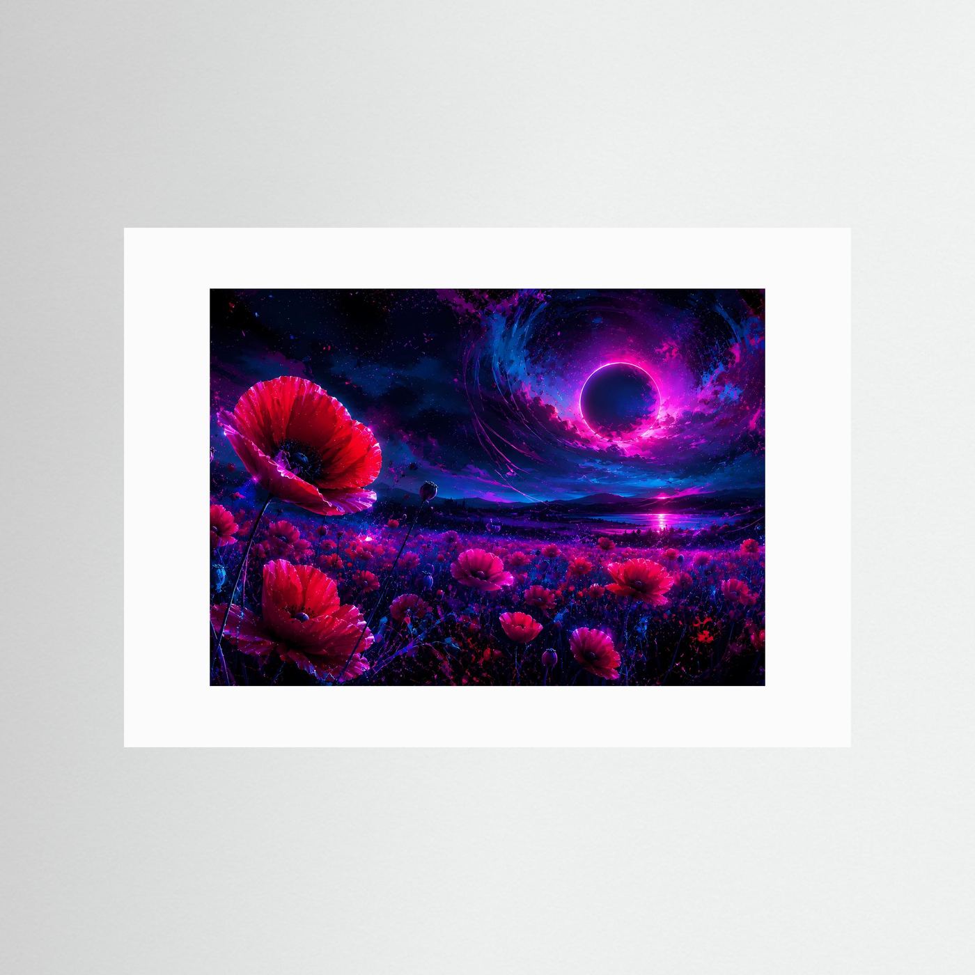 Mohnblumen Poster Querformat | Neon Fantasy Landschaft mit Mond | Abstrakte Moderne Wandkunst