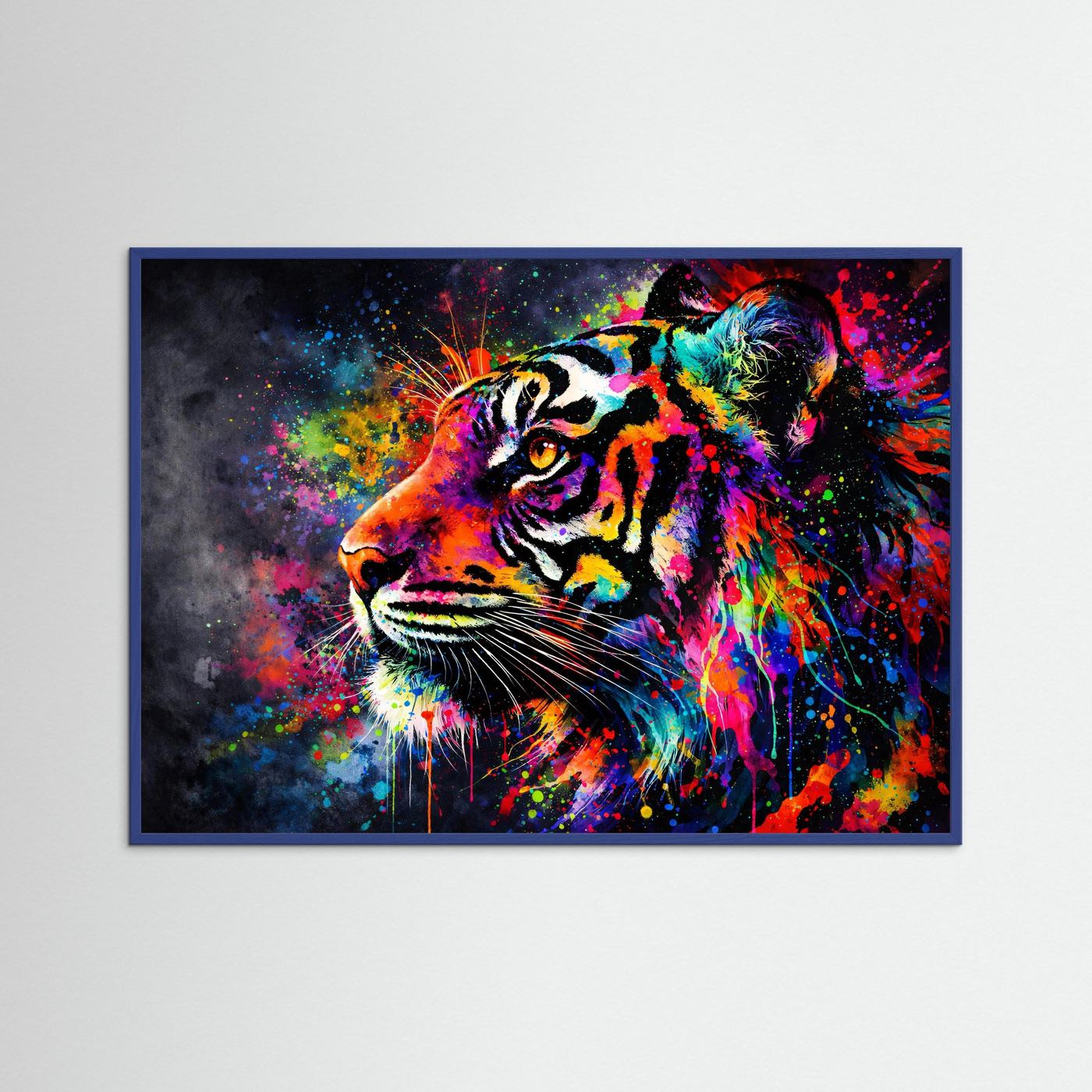 Tiger-Wandbild im Querformat mit buntem Porträt, blauer Rahmen