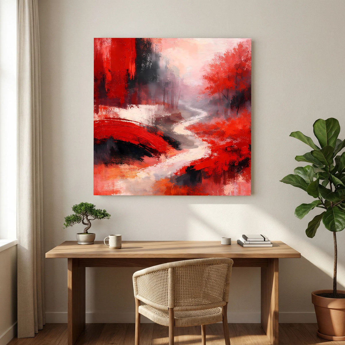 Abstraktes rotes Leinwandbild mit Fluss und Brücke, grau-schwarze Flächen, weiße Spur