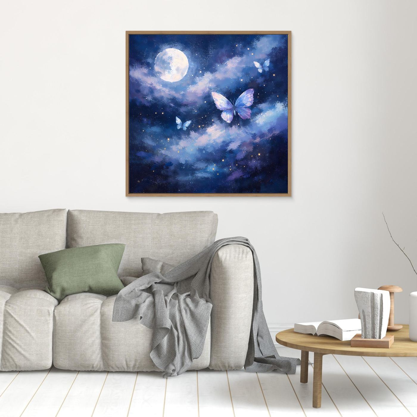 Kleines Leinwand-Wandbild mit Mond, Wolken und Schmetterlingen im Sternenhimmel, braun gerahmt