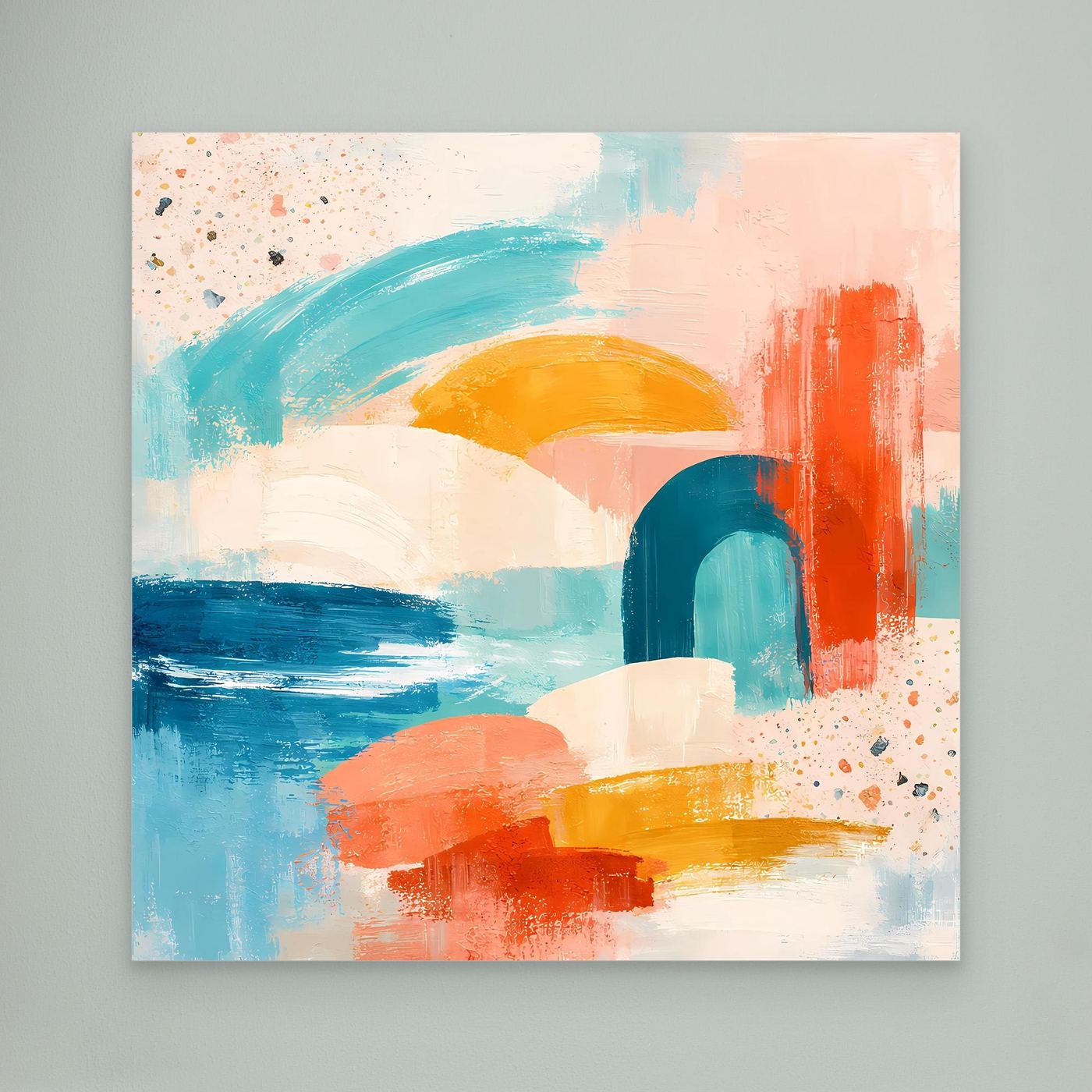 Unframed abstract pastel canvas wall art with teal, peach, orange and blue blocks