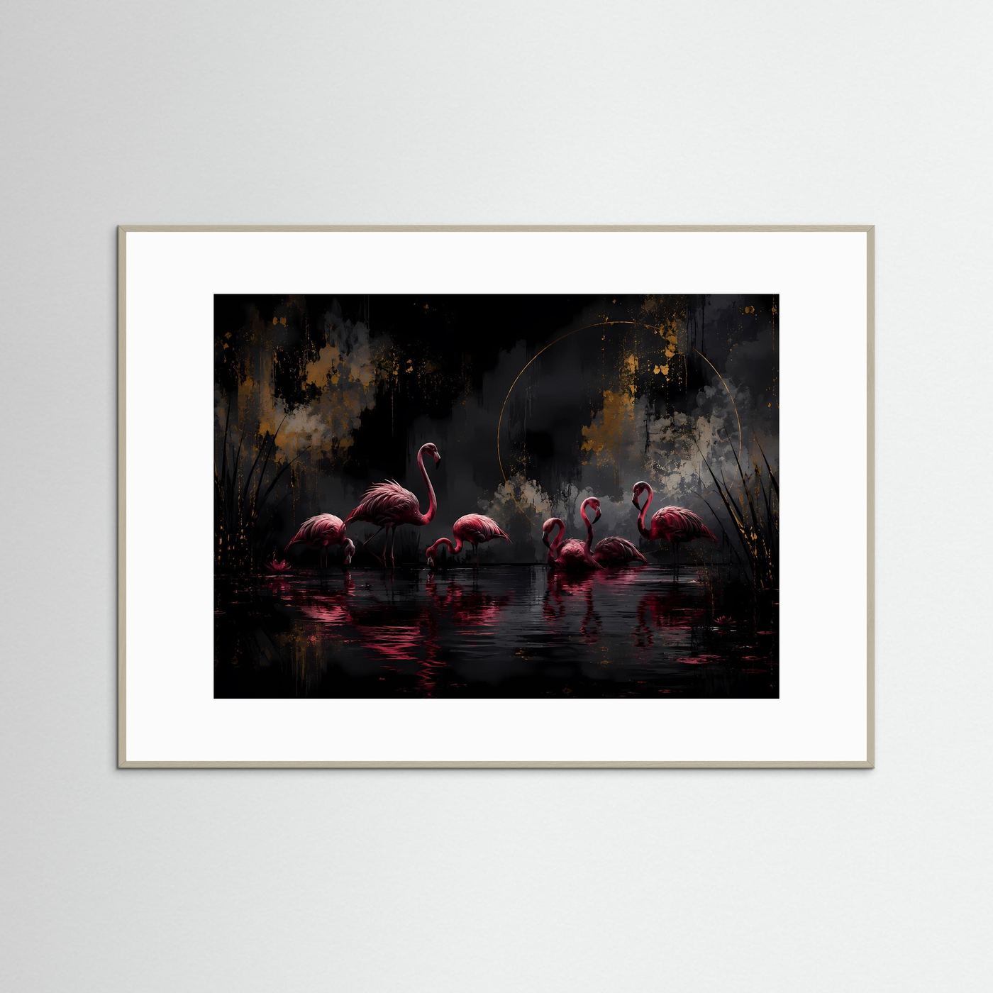 Flamingos in der Dunkelheit | Elegante Schwarz-Gold Wandkunst mit Pink – Modernes Poster Querformat