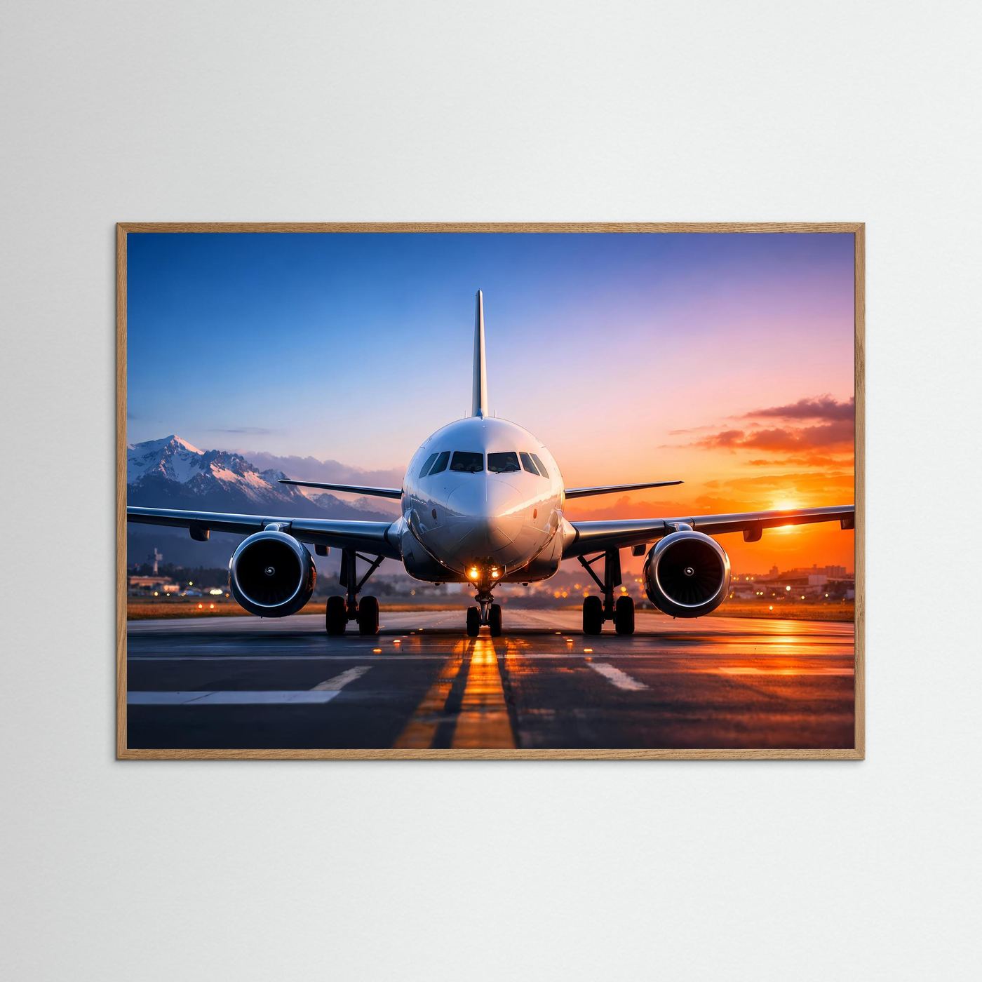Passagierflugzeug-Poster mit braunem Rahmen, Flugzeug von vorn auf der Landebahn