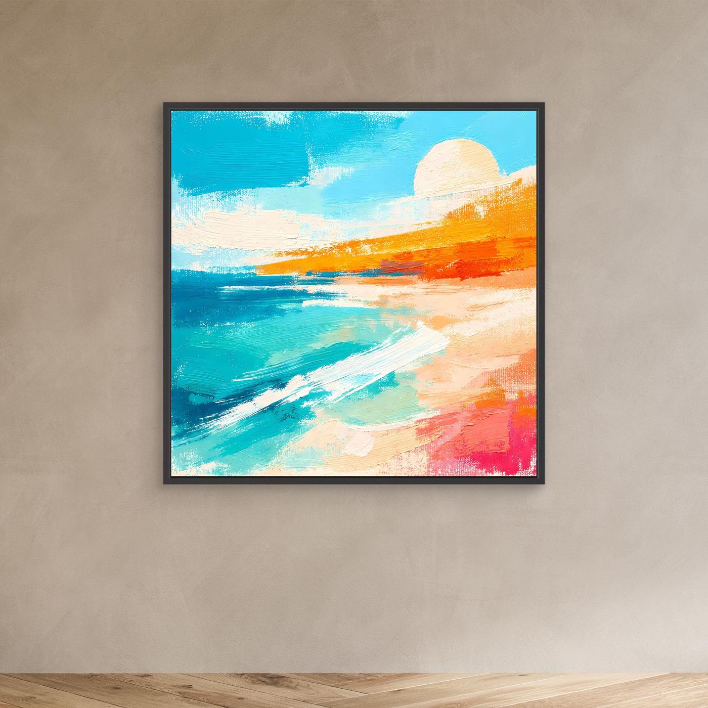 Abstract coastal canvas wall art with blue ocean, sandy beach, and orange sunset in black frame.