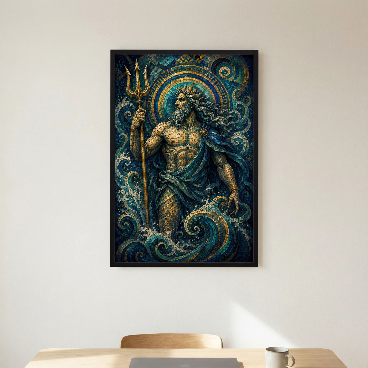 Kleines Poster im schwarzen Rahmen: Poseidon im blau-goldenen Mosaikstil