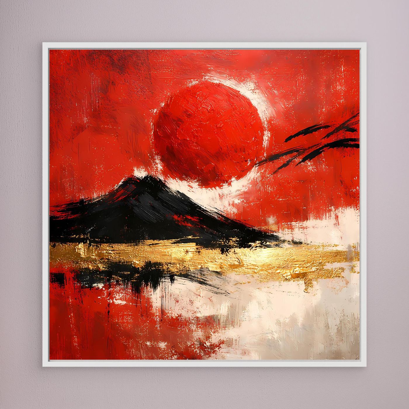 Leinwand Abstraktes Japan Wandbild in Rot und Gold | Modernes Fuji & Rote Sonne Gemälde