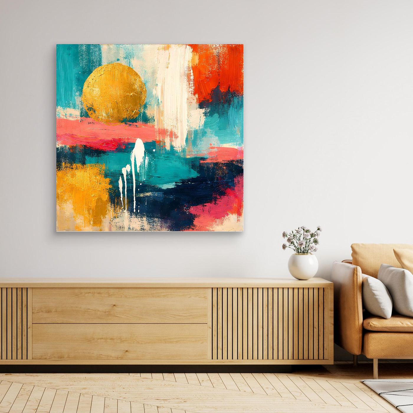 Abstraktes Wandbild mit goldener Sonne, türkis, rot und blau, breiter Holzrahmen