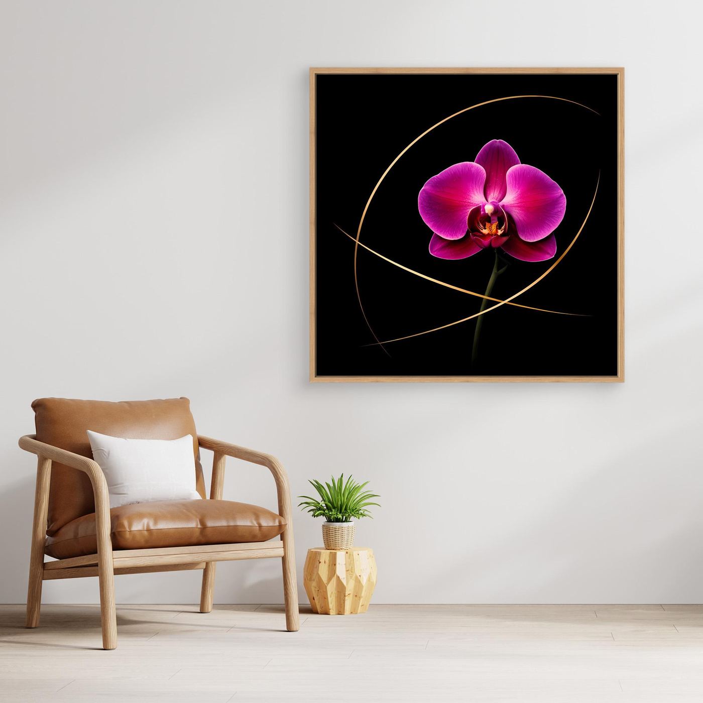 Leinwandbild Orchidee mit magenta Blüten und goldenen Linien, Eichenholzrahmen