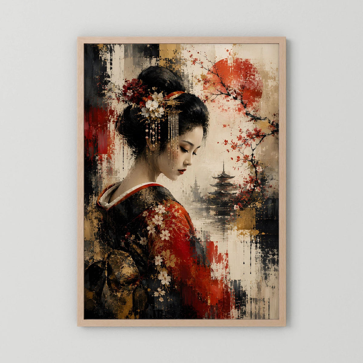 Kunstposter im Hochformat: Geisha mit roten Akzenten, Kirschblüten und Pagode, helles Holz gerahmt.