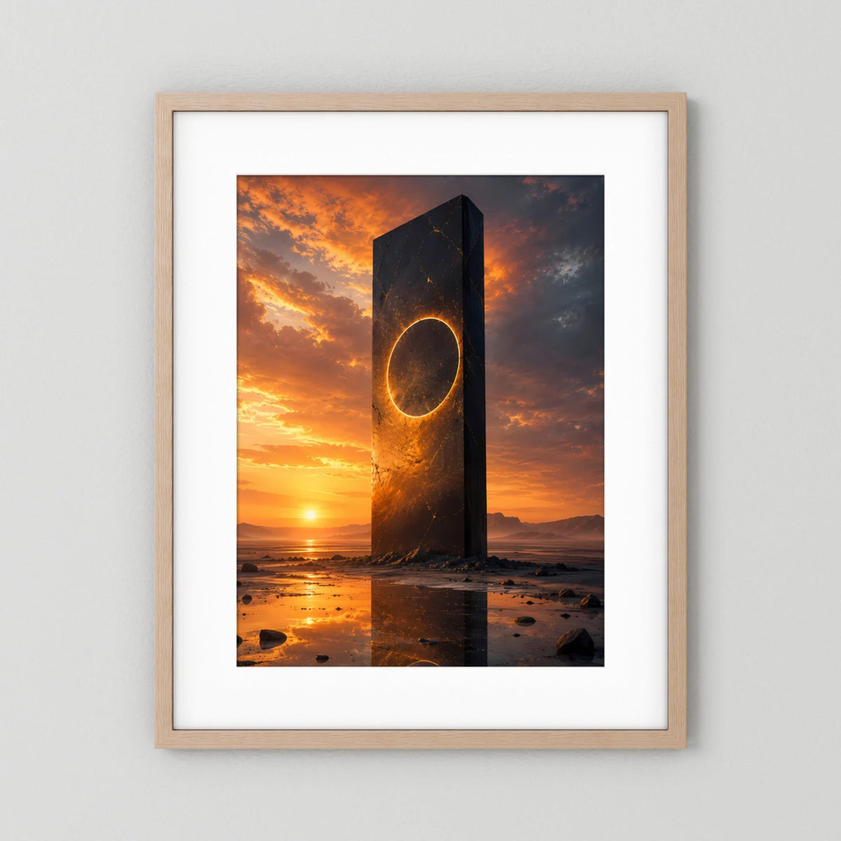 Hochformat-Poster im hellen Holzrahmen mit weißer Einfassung, Monolith und goldenes Portal.