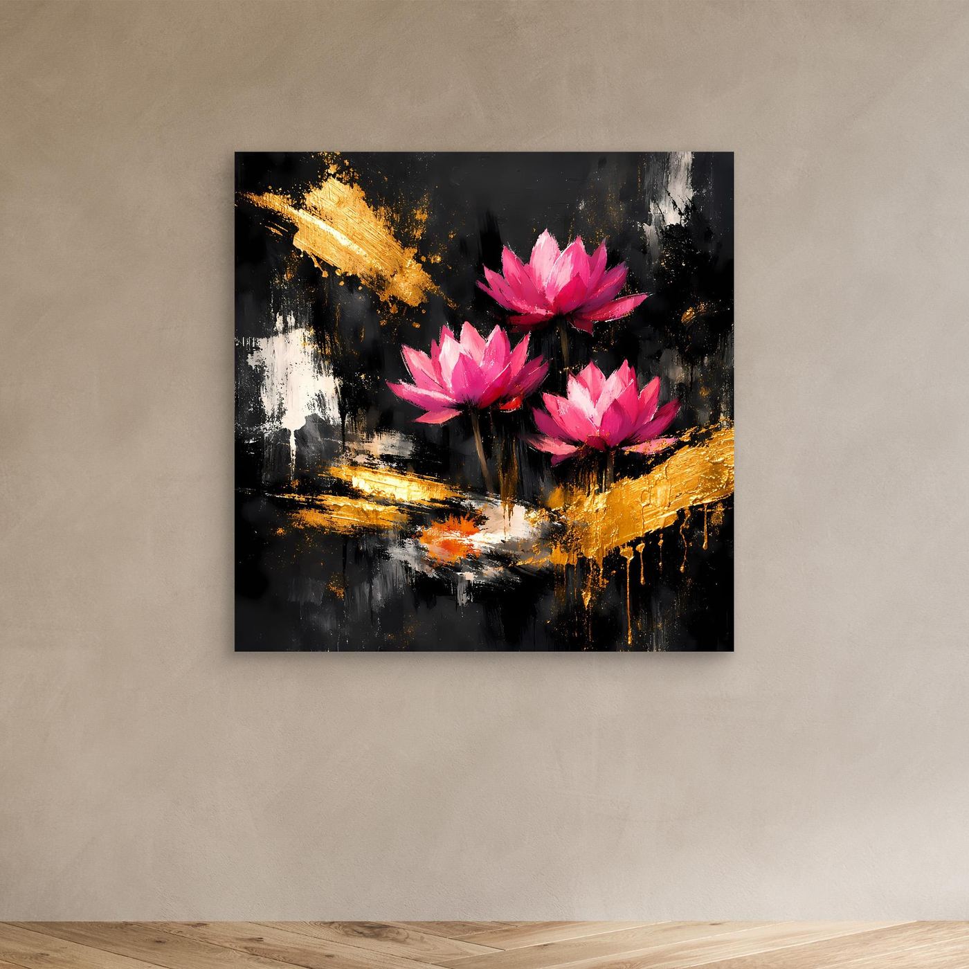 Leinwand Prachtvolle Lotusblüten in Pink und Gold | Modernes Abstraktes Blumen Wandbild