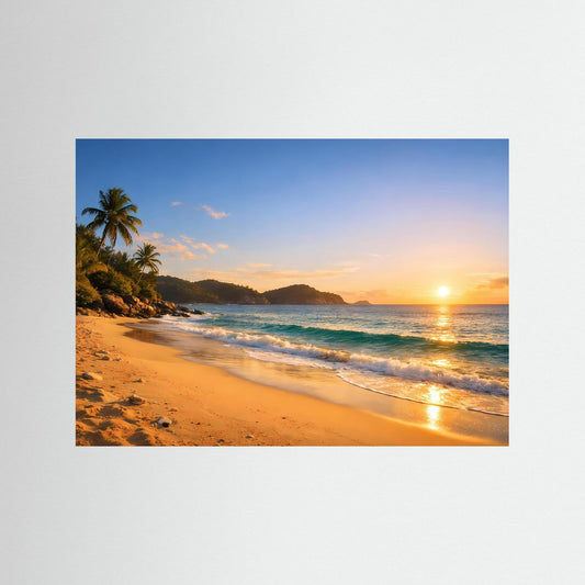 Strandposter im Querformat mit Palmen, Sonnenuntergang und Ozean, ohne Rahmen