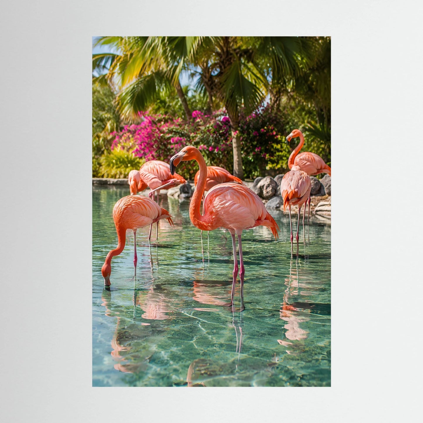 Poster im Hochformat: rosa Flamingos im tropischen Wasser, ohne Rahmen