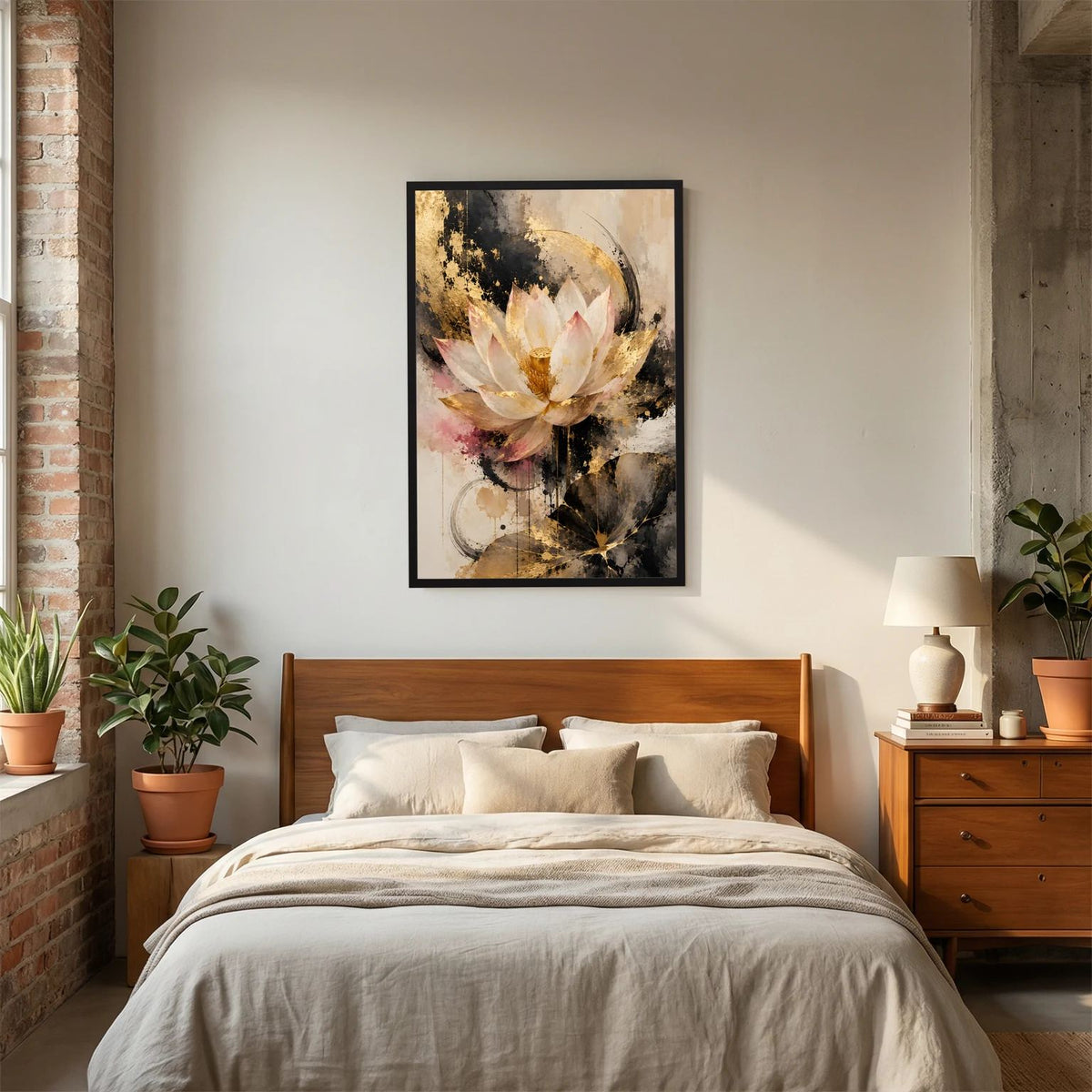 Poster mit Lotusblüte, abstrakt in Gold und Creme, schwarzer Rahmen