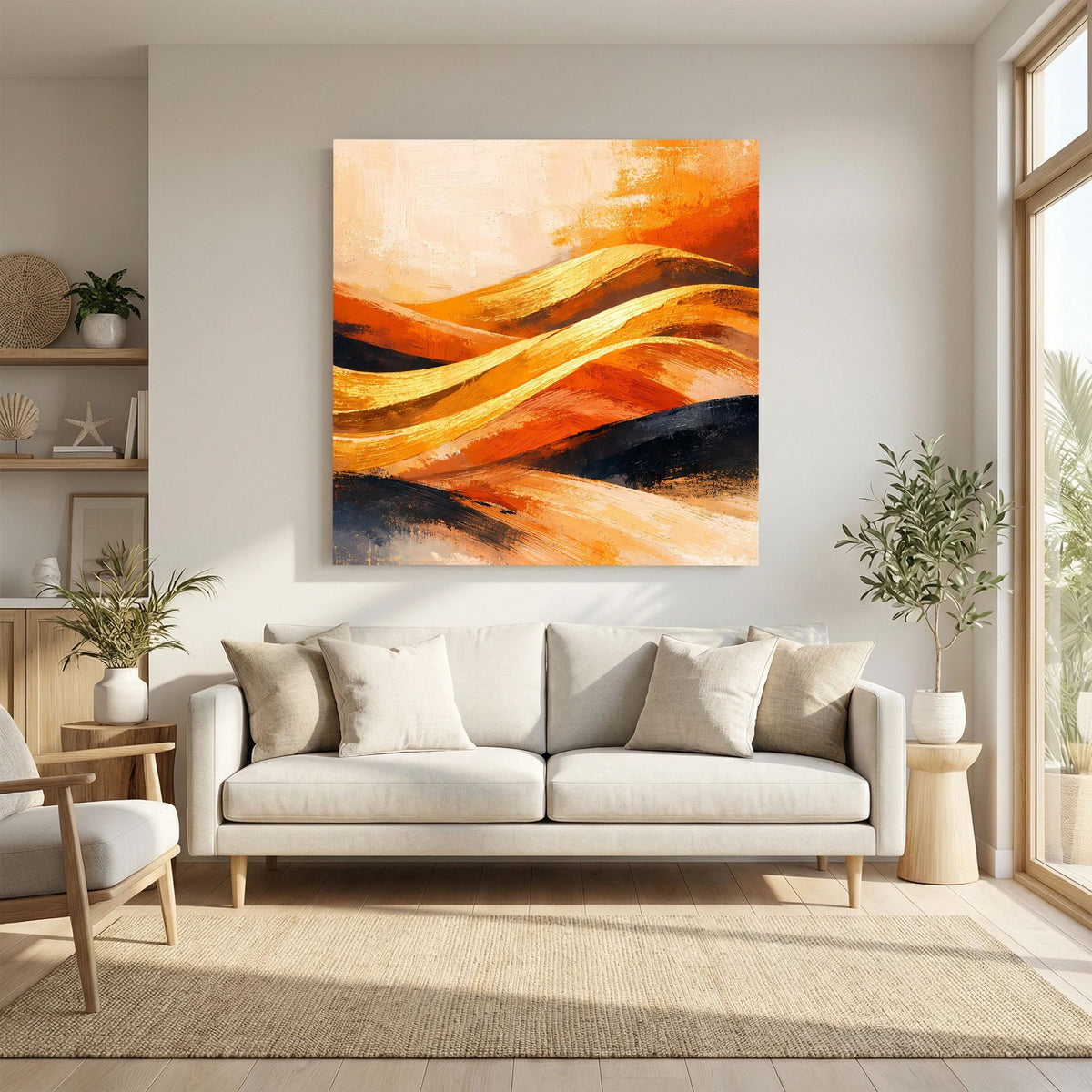 Abstraktes Wandbild mit goldenen Dünenbändern in Orange und Beige, mit dunklen Flächen