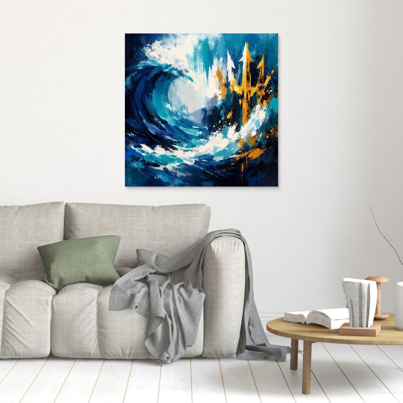 Wood-framed ocean wave canvas art with gold skyline and blue abstract brush strokes