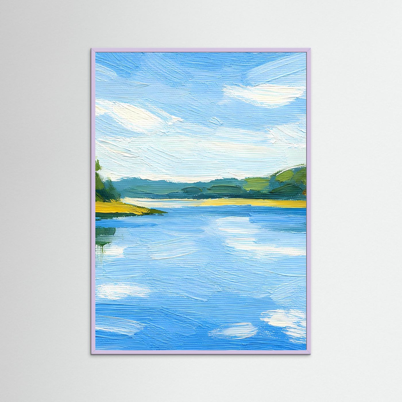 Wandbild mit Flusslandschaft im Sommer, lila Rahmen, blaues Wasser und Horizont