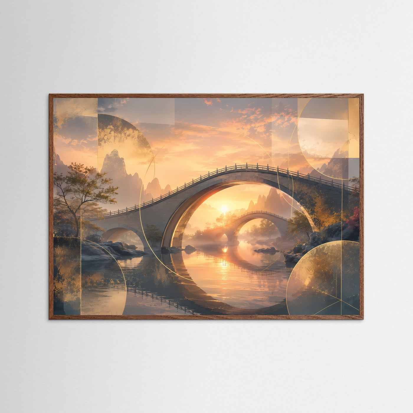 Querformat-Poster mit Bogenbrücke über ruhigem Wasser, im Sonnenuntergang, dunkler Eichenrahmen