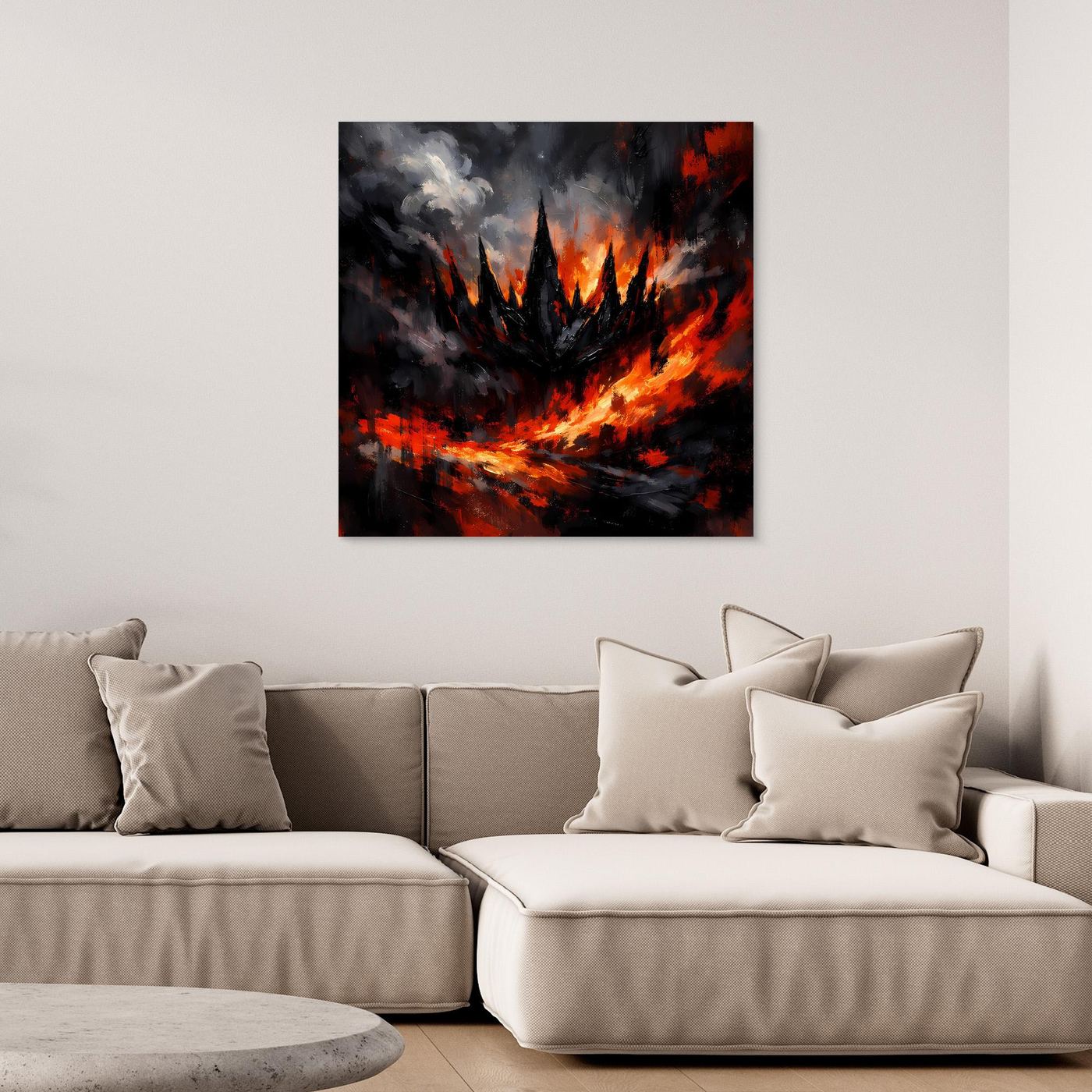 Abstraktes Leinwand-Wandbild mit Feuer und dunklem Rauch, ohne sichtbaren Rahmen