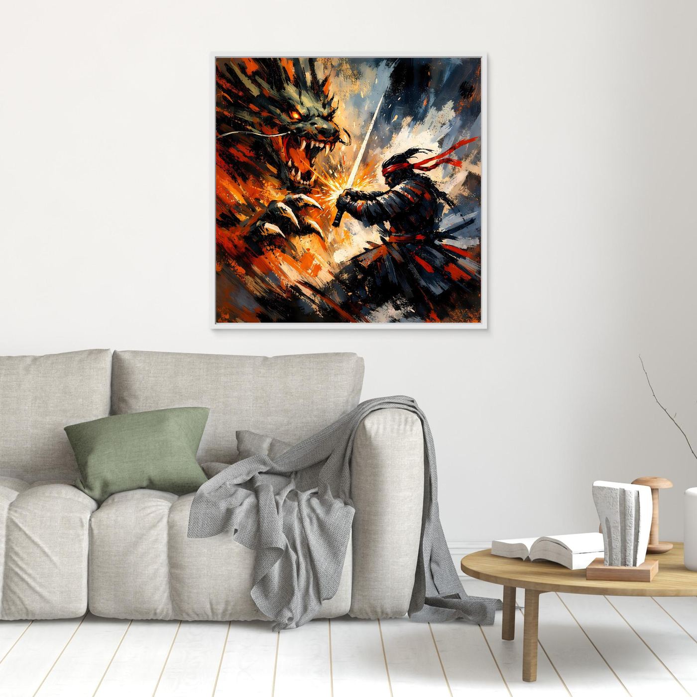 Premium Leinwand Samurai gegen Drache | Abstraktes Fantasy Wandbild Voller Dynamik & Kampfgeist