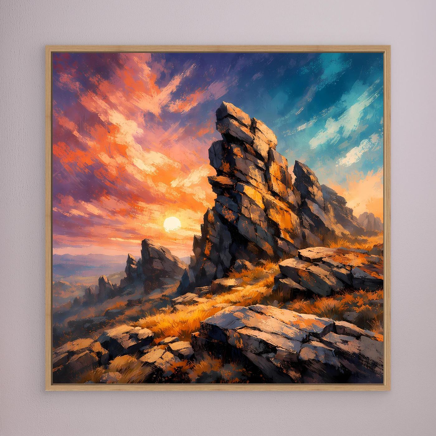 Premium Leinwand Monumentale Felsformation im Sonnenuntergang | Abstraktes Gebirge Wandbild