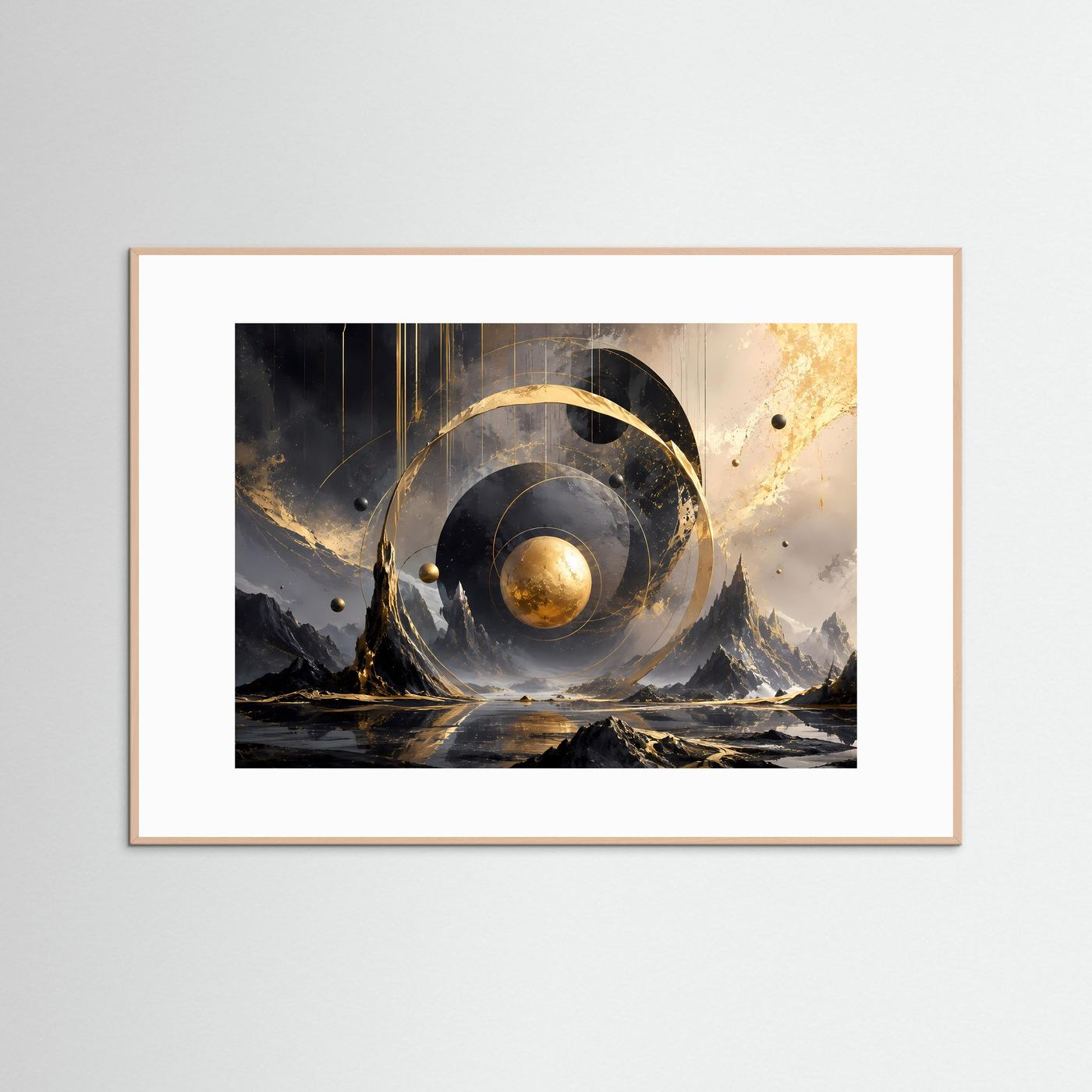 Abstrakte Kosmische Landschaft Poster | Gold Schwarz Wandkunst | Surreale Geometrie | Moderne Galaxie Kunst | Luxuriöse Leinwand - Copy