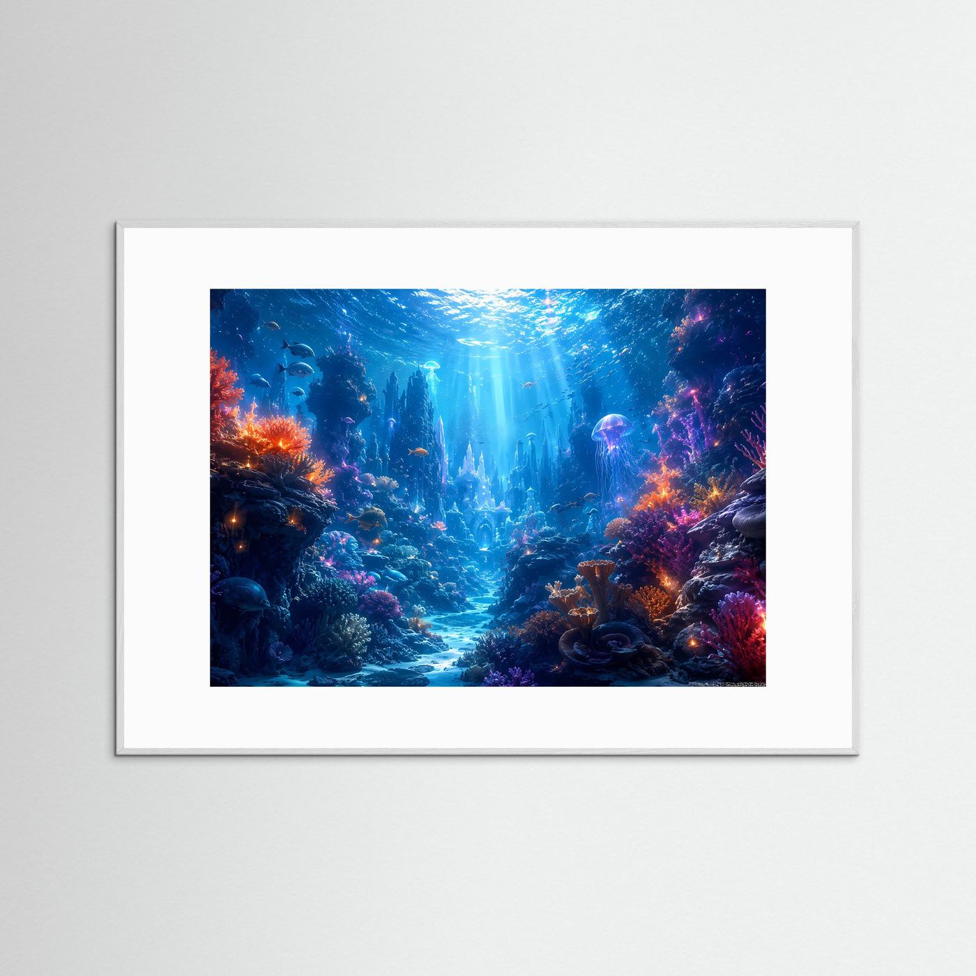 Magische Unterwasserwelt im Korallenriff | Modernes Ozean & Meeresleuchten Poster im Querformat