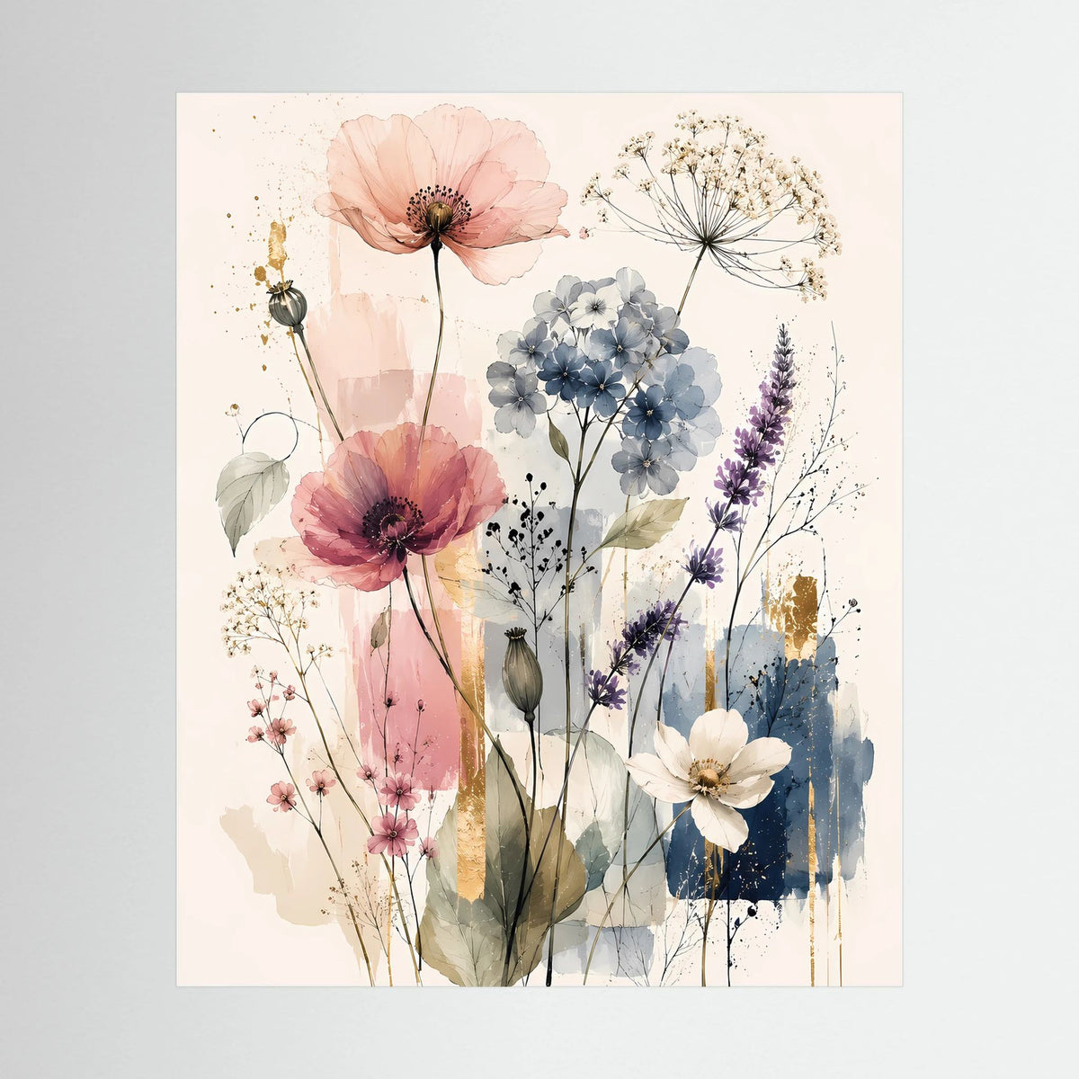 Hochformatiges Kunstposter mit Wildblumen in Pastellrosa und Hellblau, ungerahmt