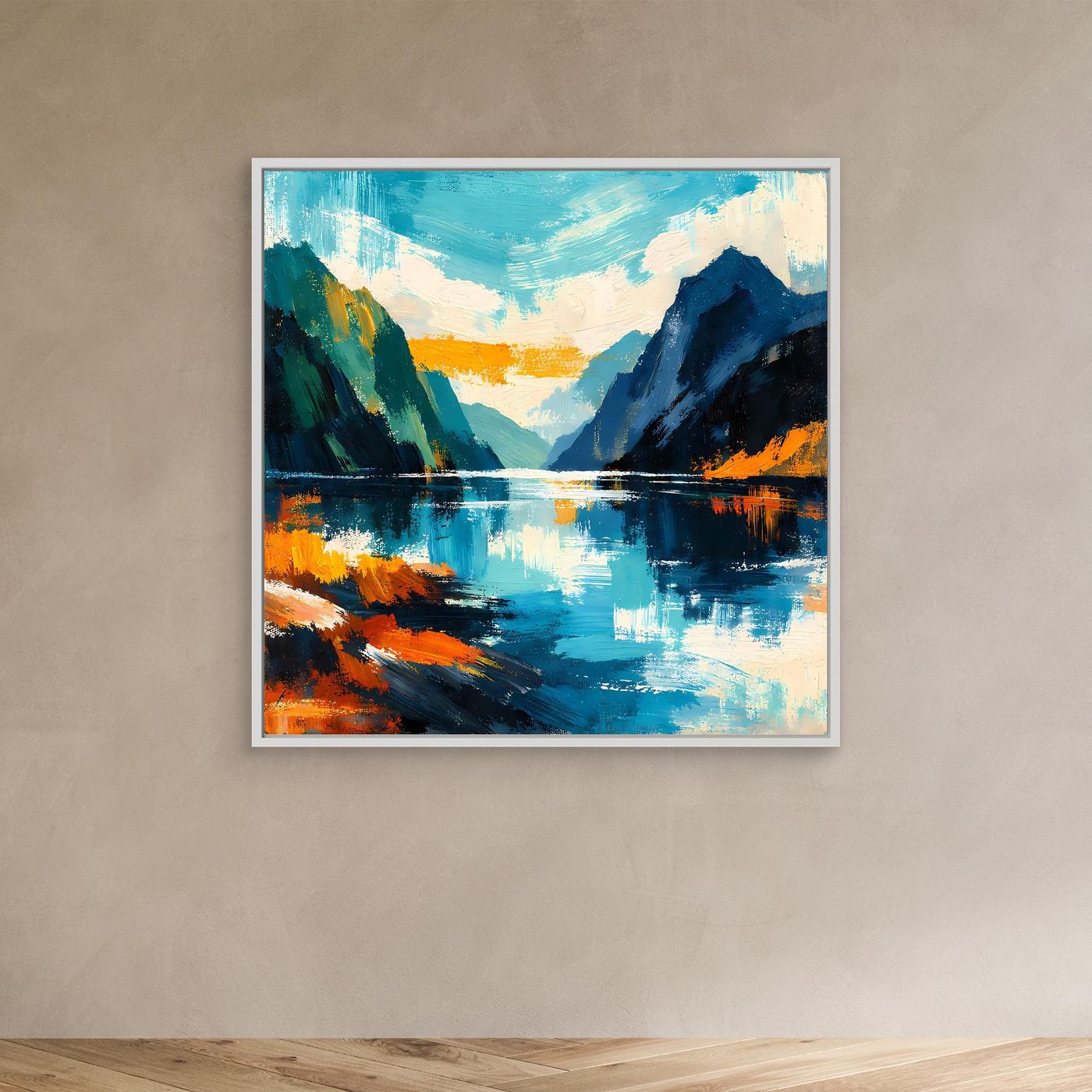 Abstraktes Leinwandbild mit Fjord und reflektierendem Wasser, Berge in Blau-Grün, ohne Rahmen.