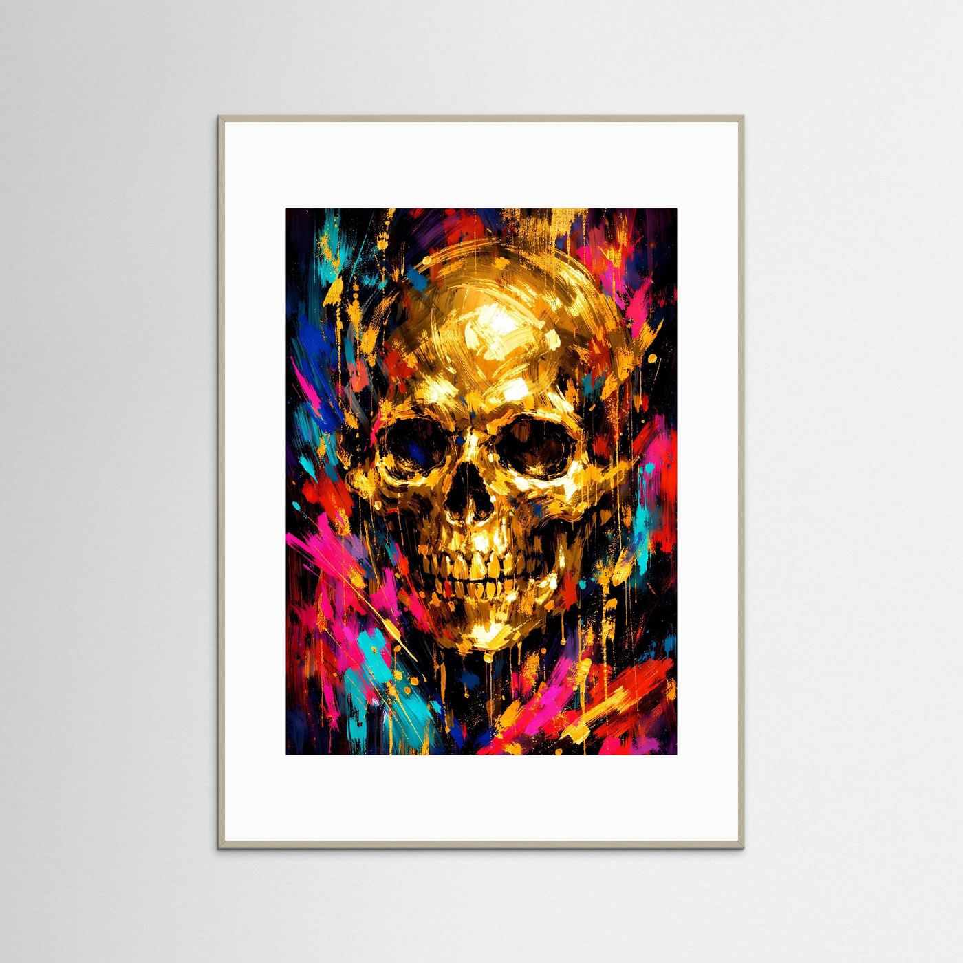 Totenkopf-Poster mit goldener Skull-Grafik, grauer Holzrahmen