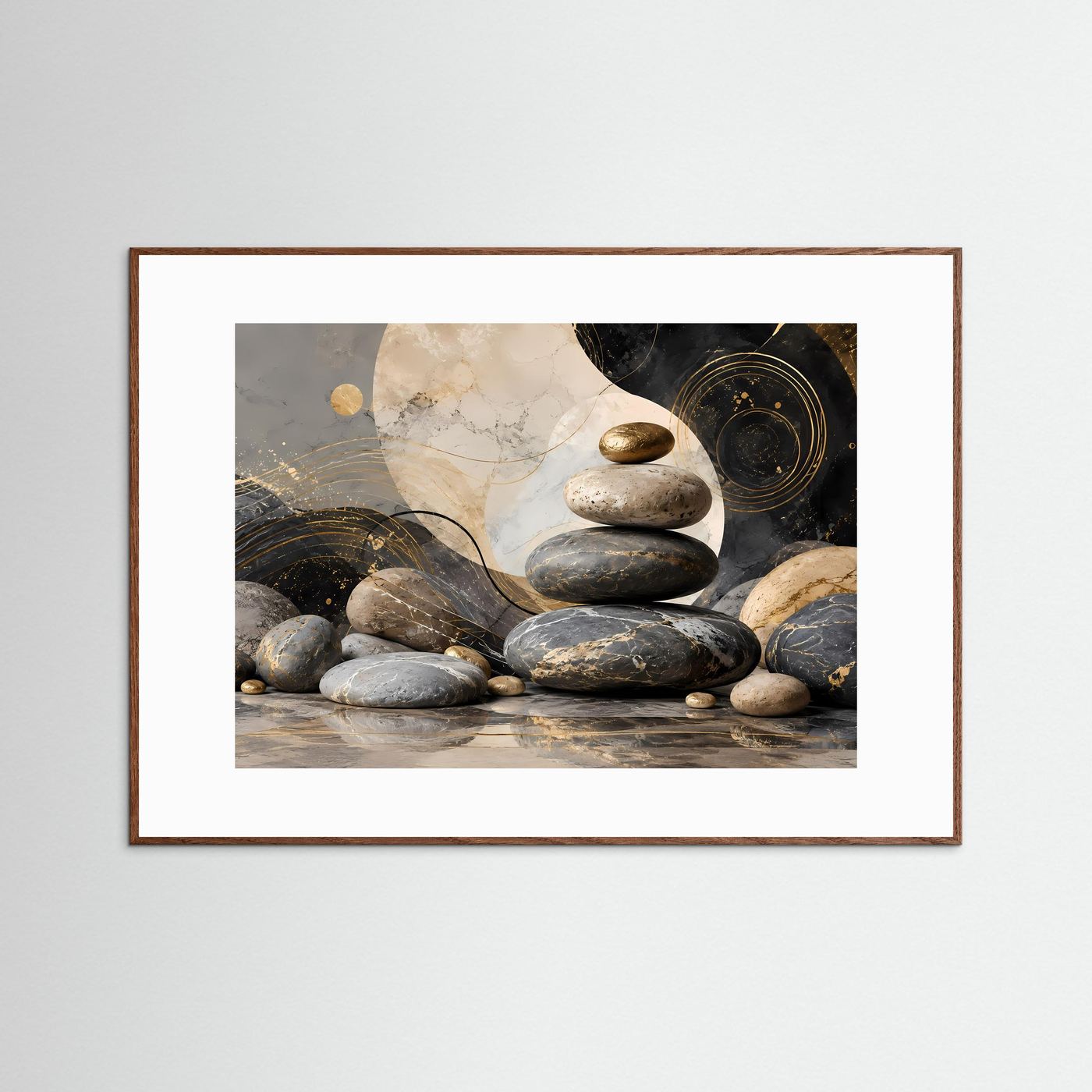Zen Steine in Schwarz, Gold und Creme | Abstrakte Balance & Harmonie mit Marmorstruktur | Elegante moderne Wellness Kunst im Querformat