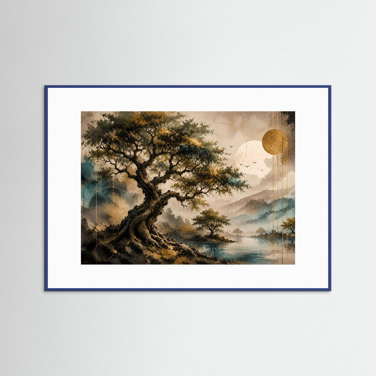 Gerahmtes Poster im Querformat mit Baum, Wasser und goldenen Kreisen in Petrol-Optik
