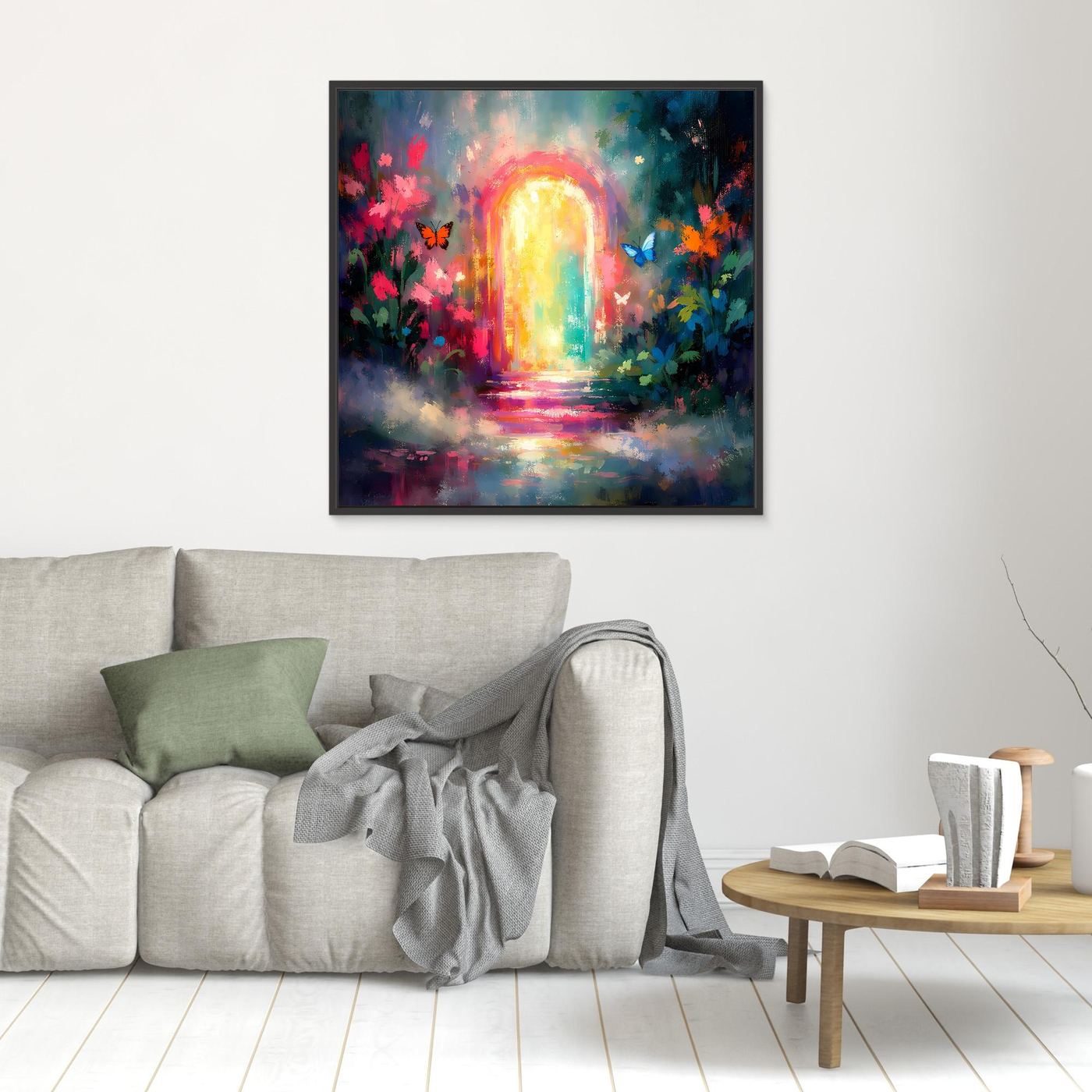 Kleines Wandbild mit Lichttor und Regenbogenleuchten, Blumen und Schmetterlingen, schwarz gerahmt